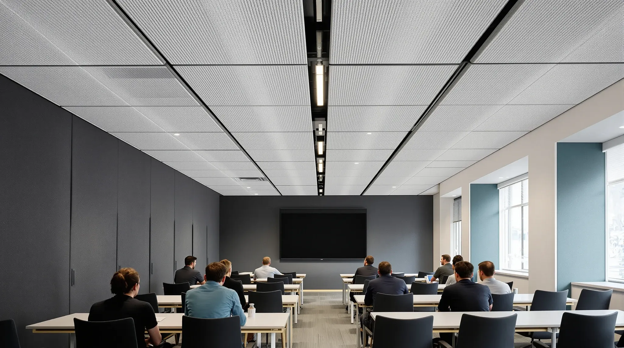 A training room with thick acoustic ceiling tiles and fabric wall panels, people blurred at tables