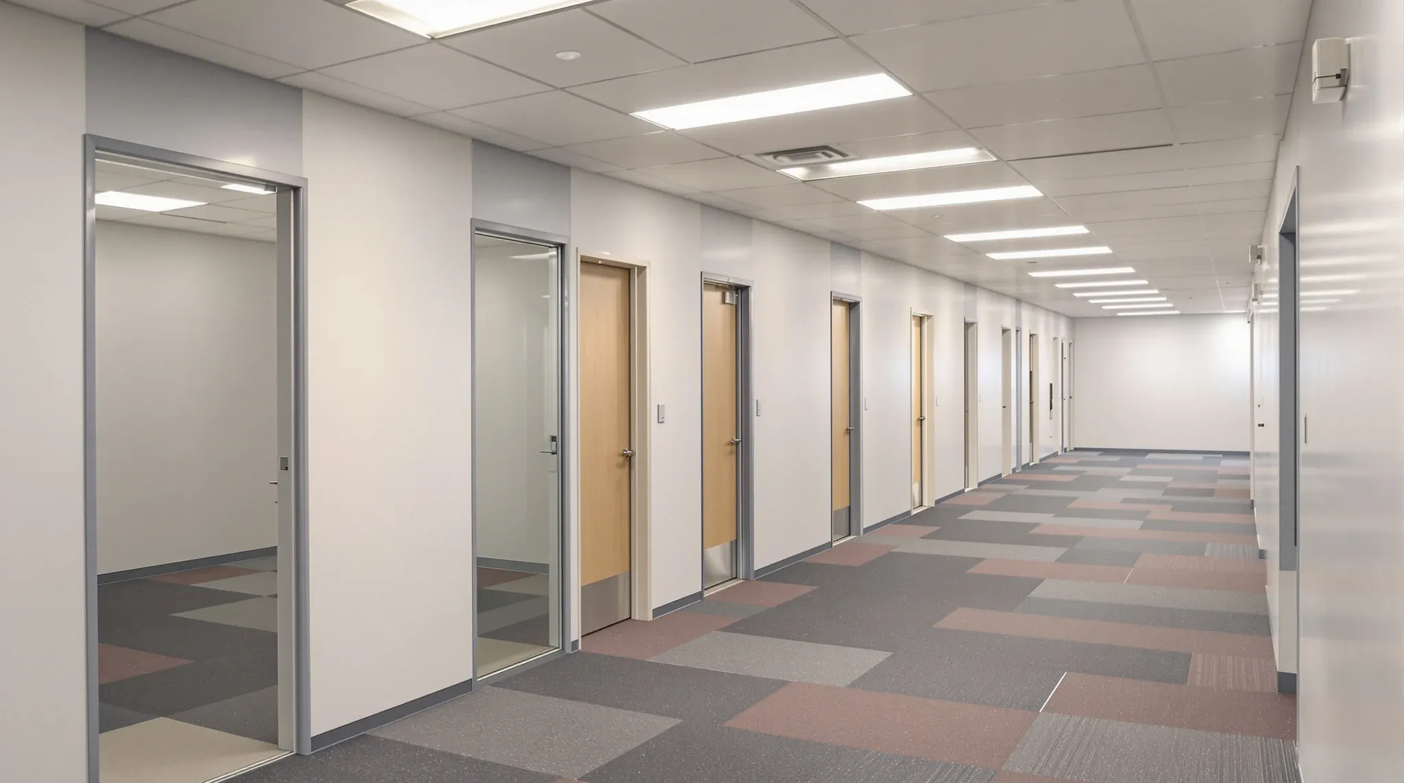 Empty finished medical centre corridor with consulting room doors and a reception area beyond