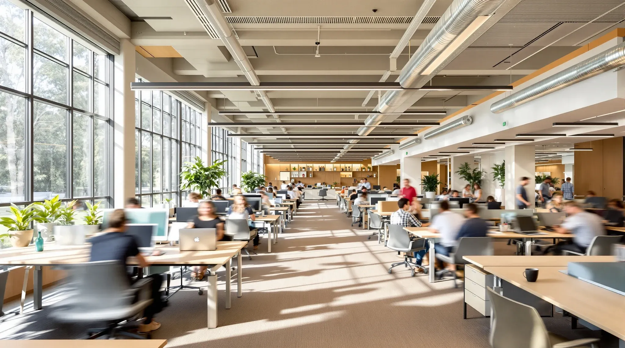 A busy finished open-plan office in full use during the working day