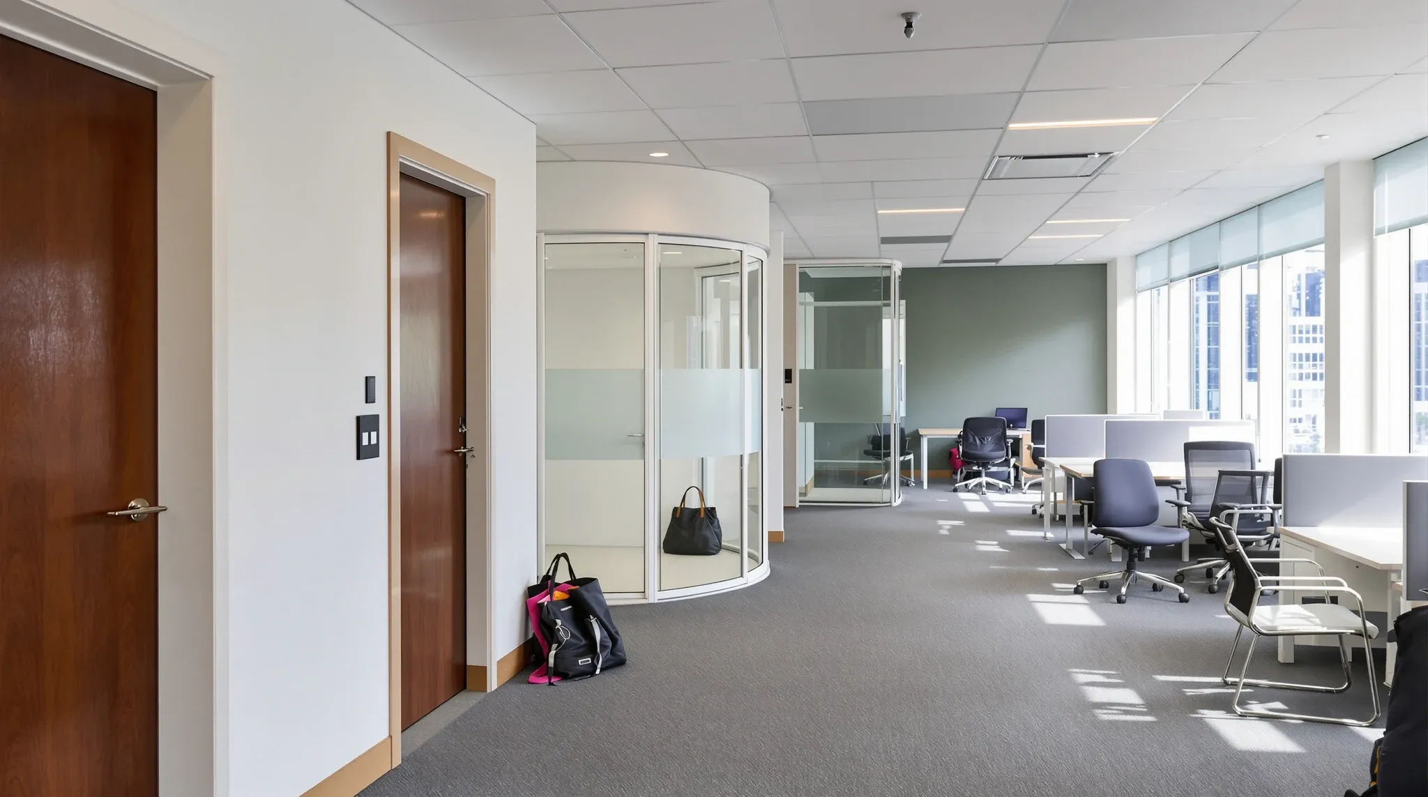 A short corridor on a compact office floor with two small solid rooms and a narrow glass room