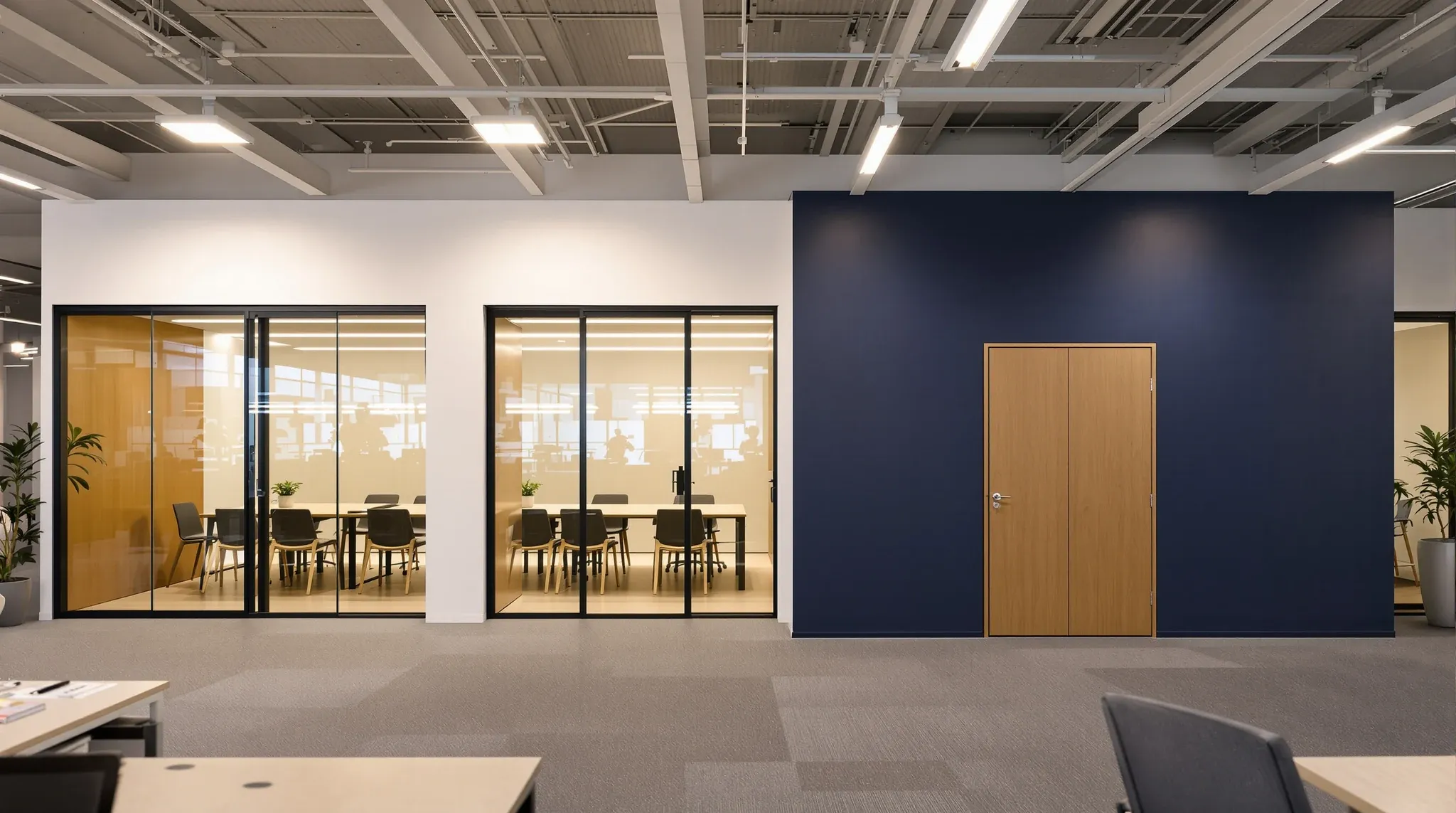 A row of glass meeting rooms ending at one solid navy plasterboard room with a heavy closed door