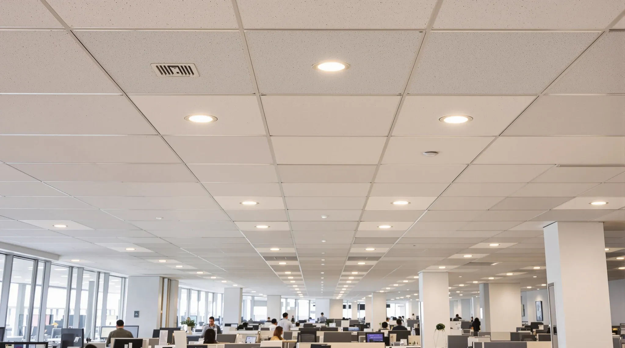 A finished office ceiling with standard lighting evenly reinstated above a working floor