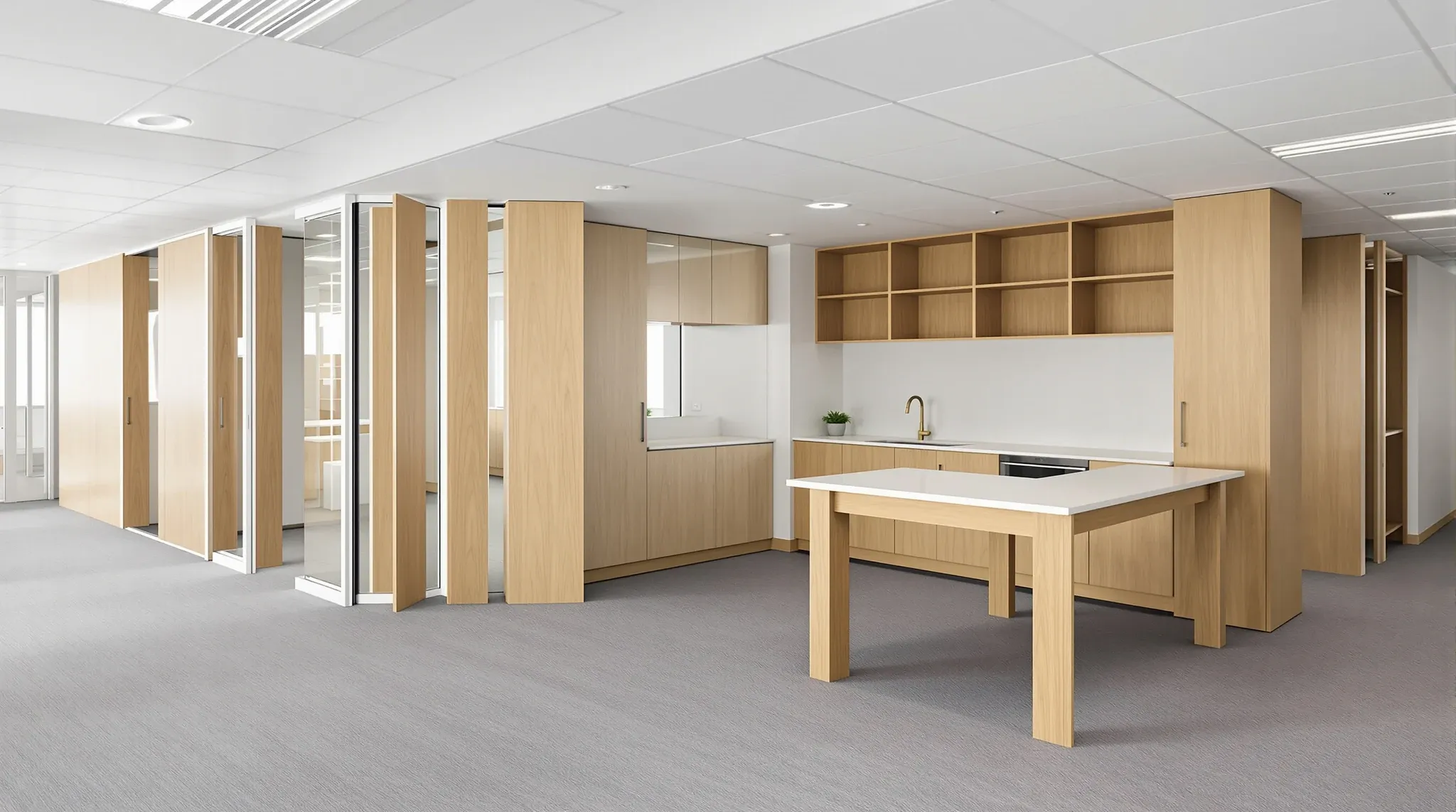 An intact breakout kitchen left in a corner of an otherwise emptied office floor