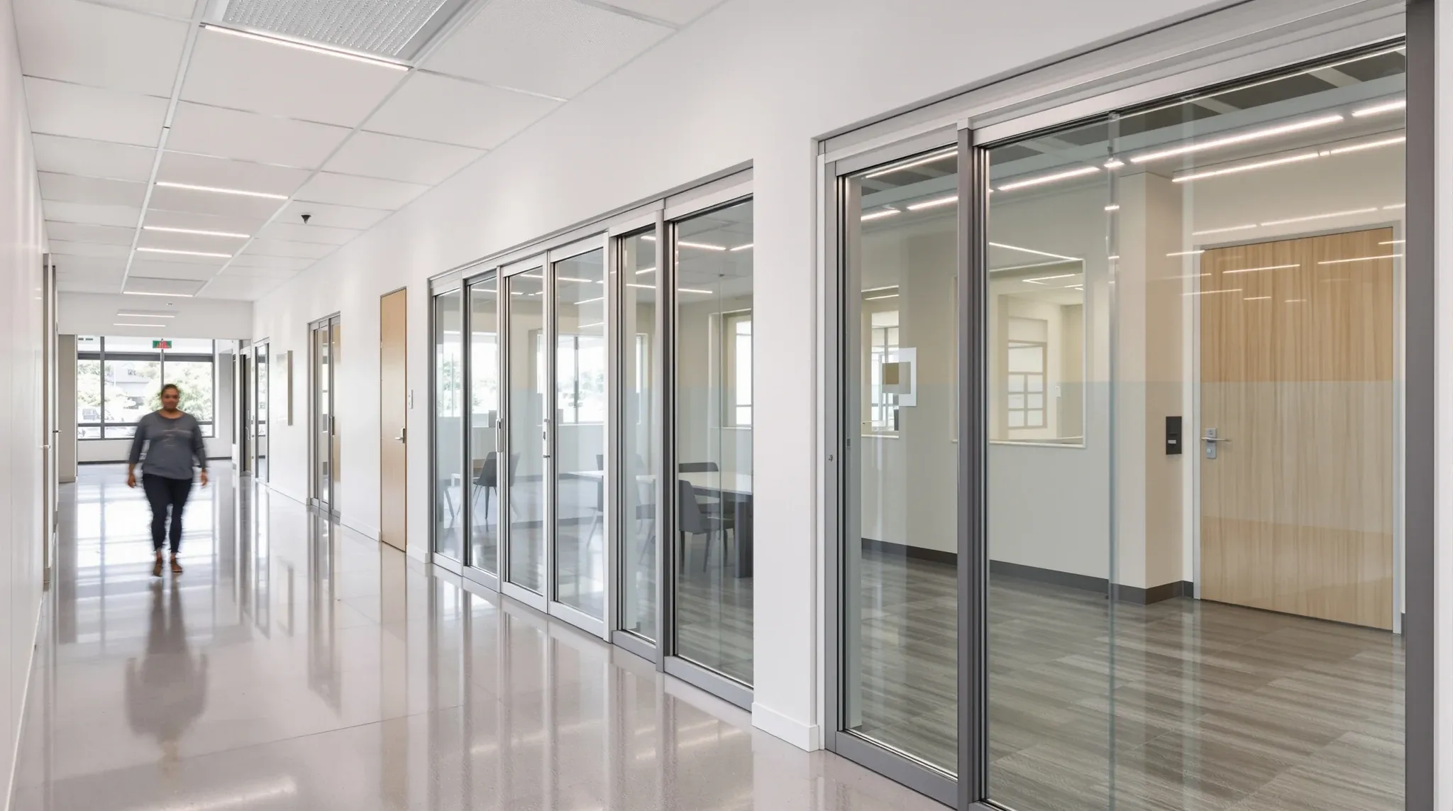 A corridor lined in turn by a plasterboard wall, a single-glazed room front and a deeper double-glazed front