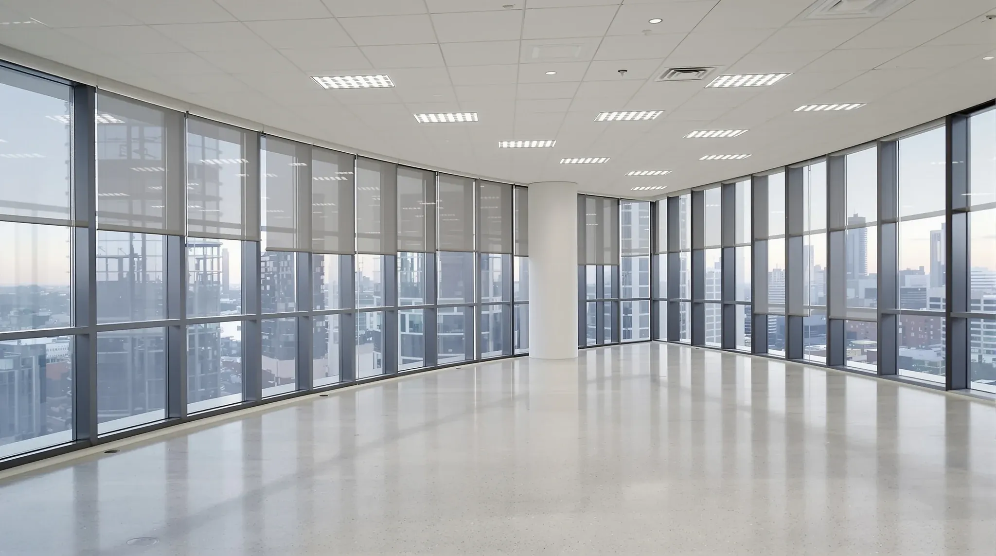 A defitted office floor returned to bare concrete with a clean ceiling grid and capped floor boxes