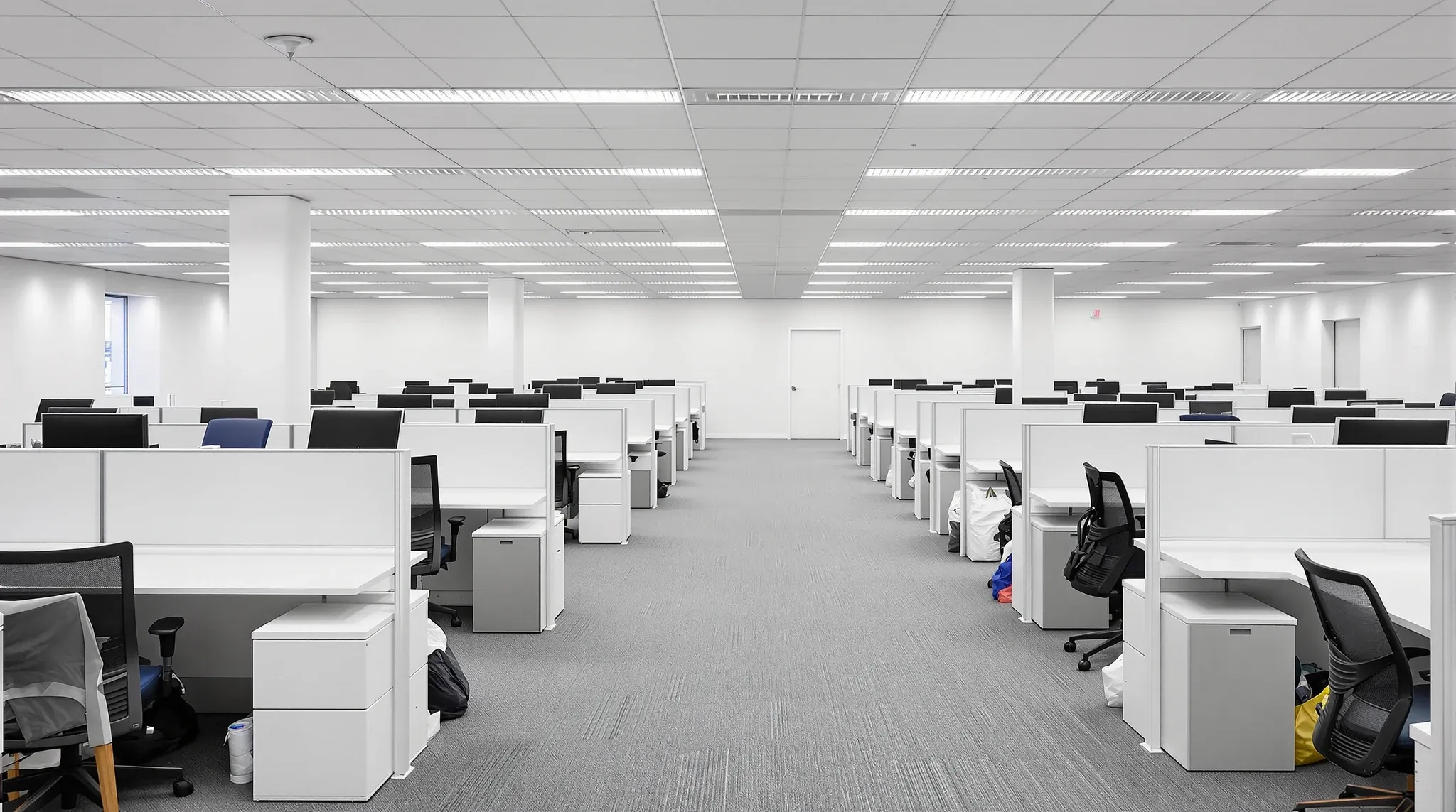 A narrow aisle between tightly packed rows of bench desks in a busy open-plan office