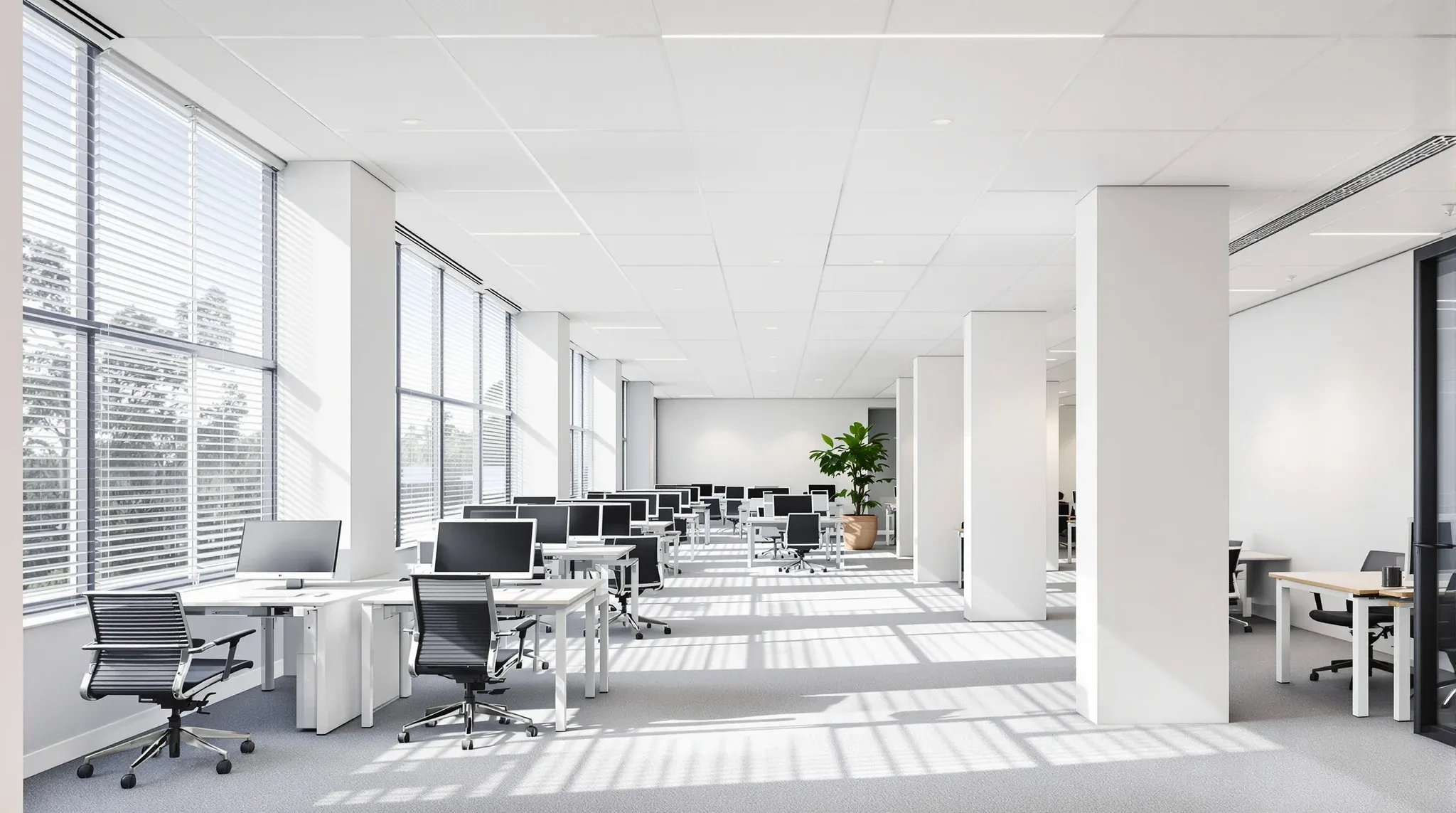 A smooth white office ceiling spreading morning daylight deep across the desks with the lights off