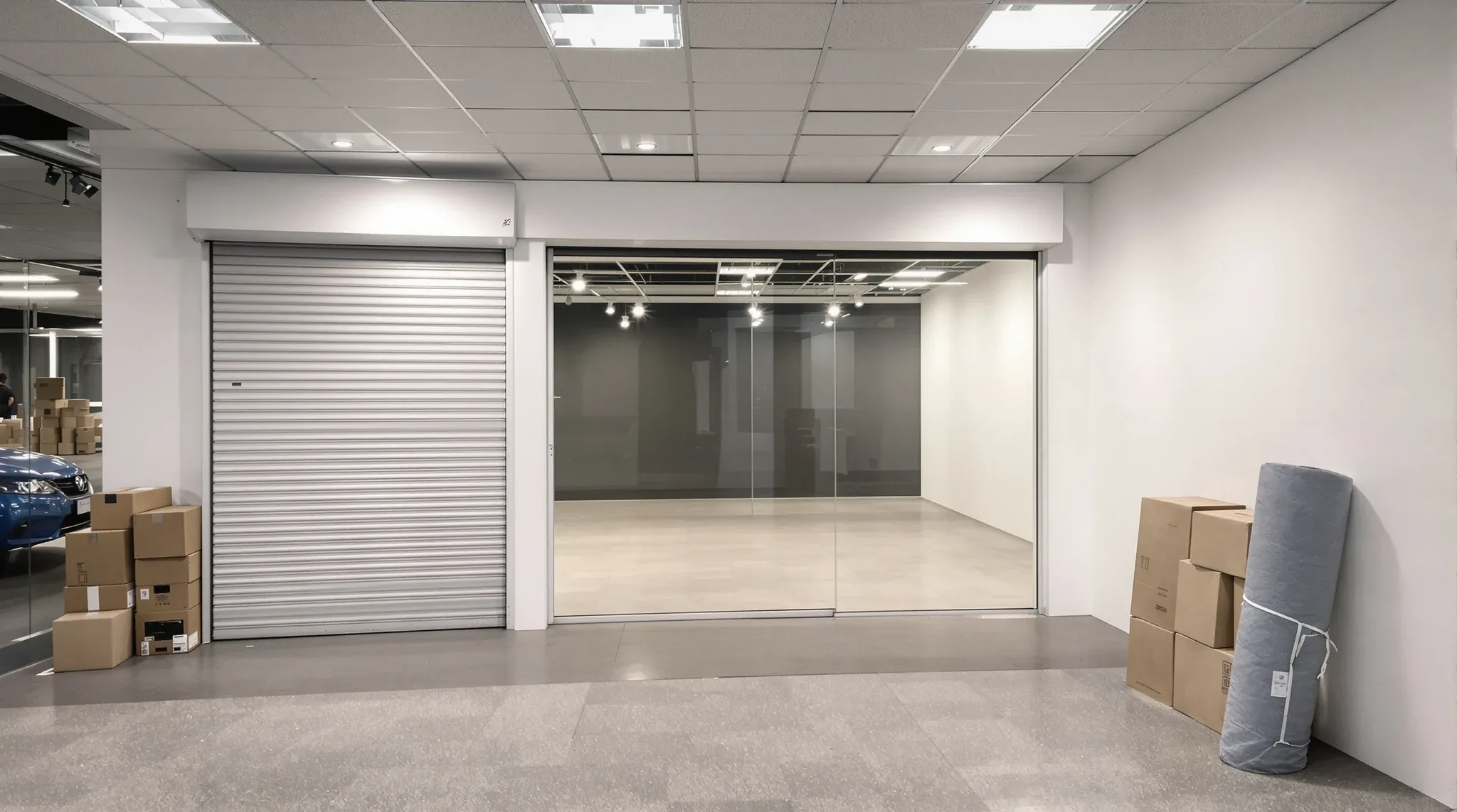Inside an emptied shop after a defit, with a bare swept floor, fresh white walls and the roller shutter half down