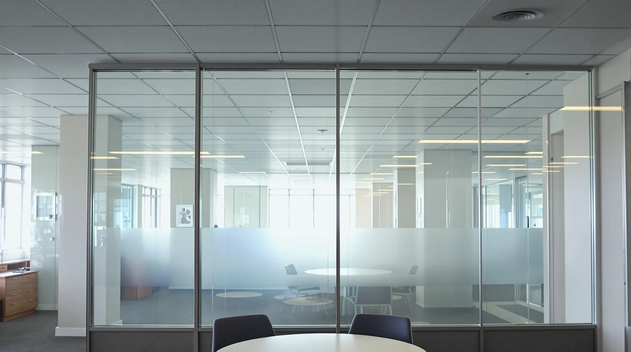 Looking up from inside a glass meeting room where the glass wall meets a continuous tile ceiling