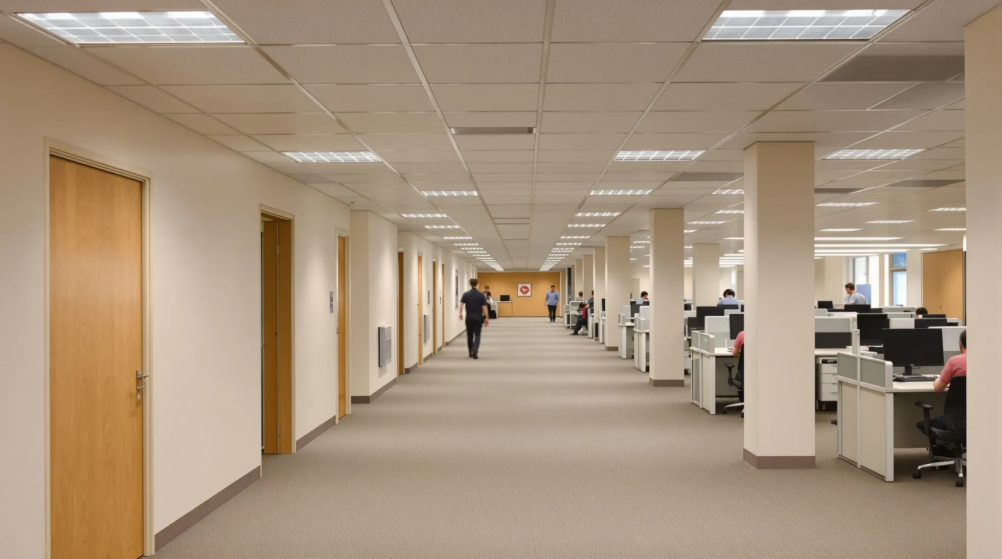 An occupied office floor in a 1970s building with a low ceiling and plasterboard offices along the core