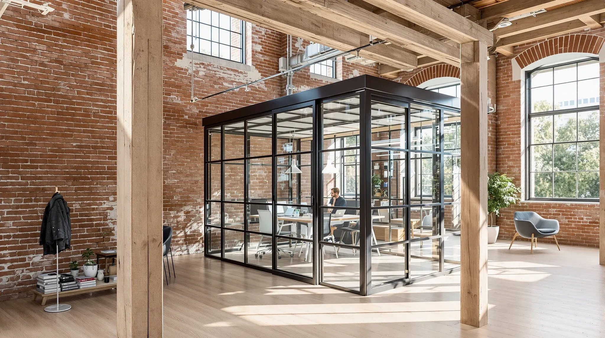 A converted brick warehouse office with timber posts and a new glass meeting room