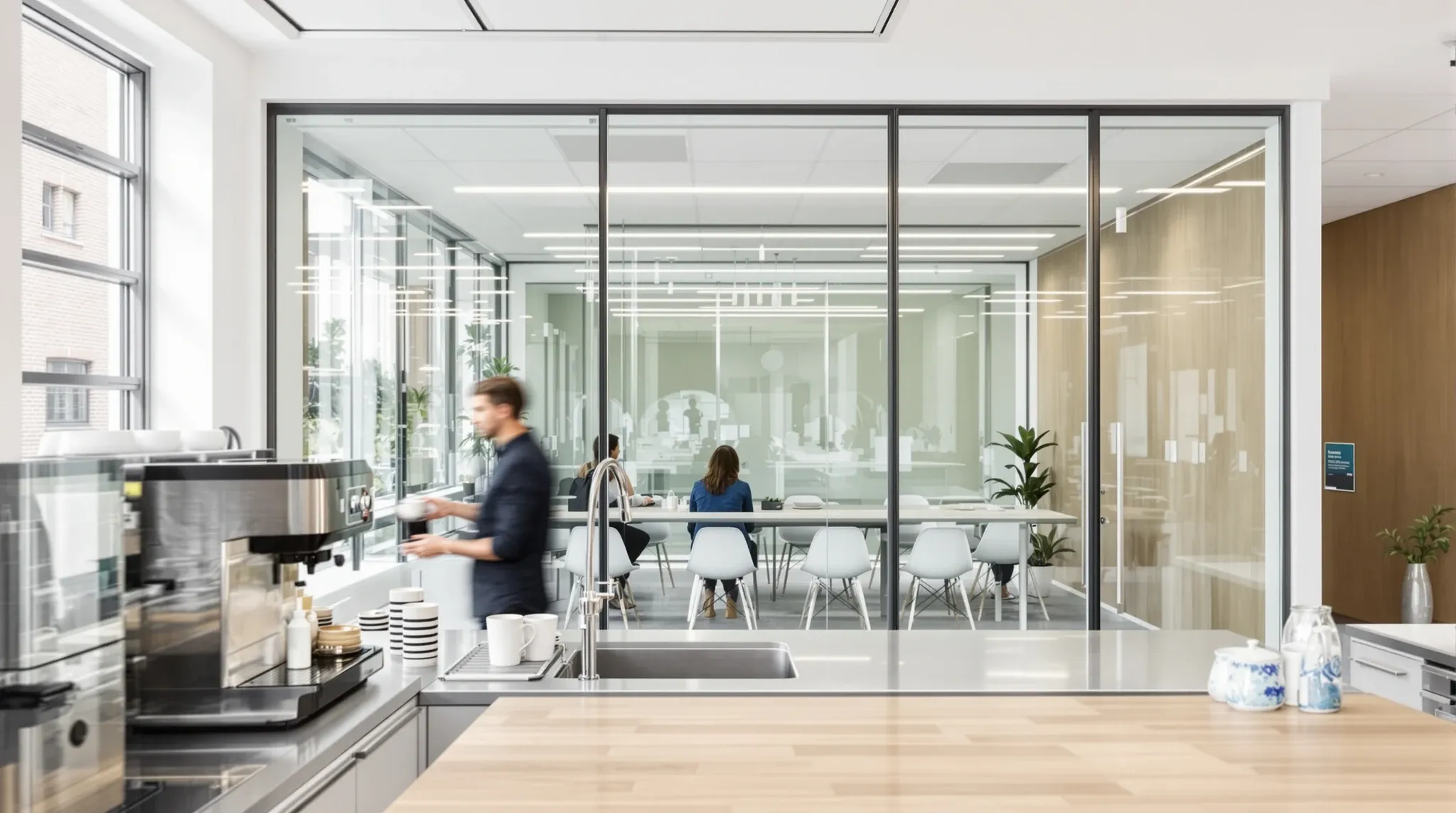 A glass meeting room right beside a busy office coffee bench