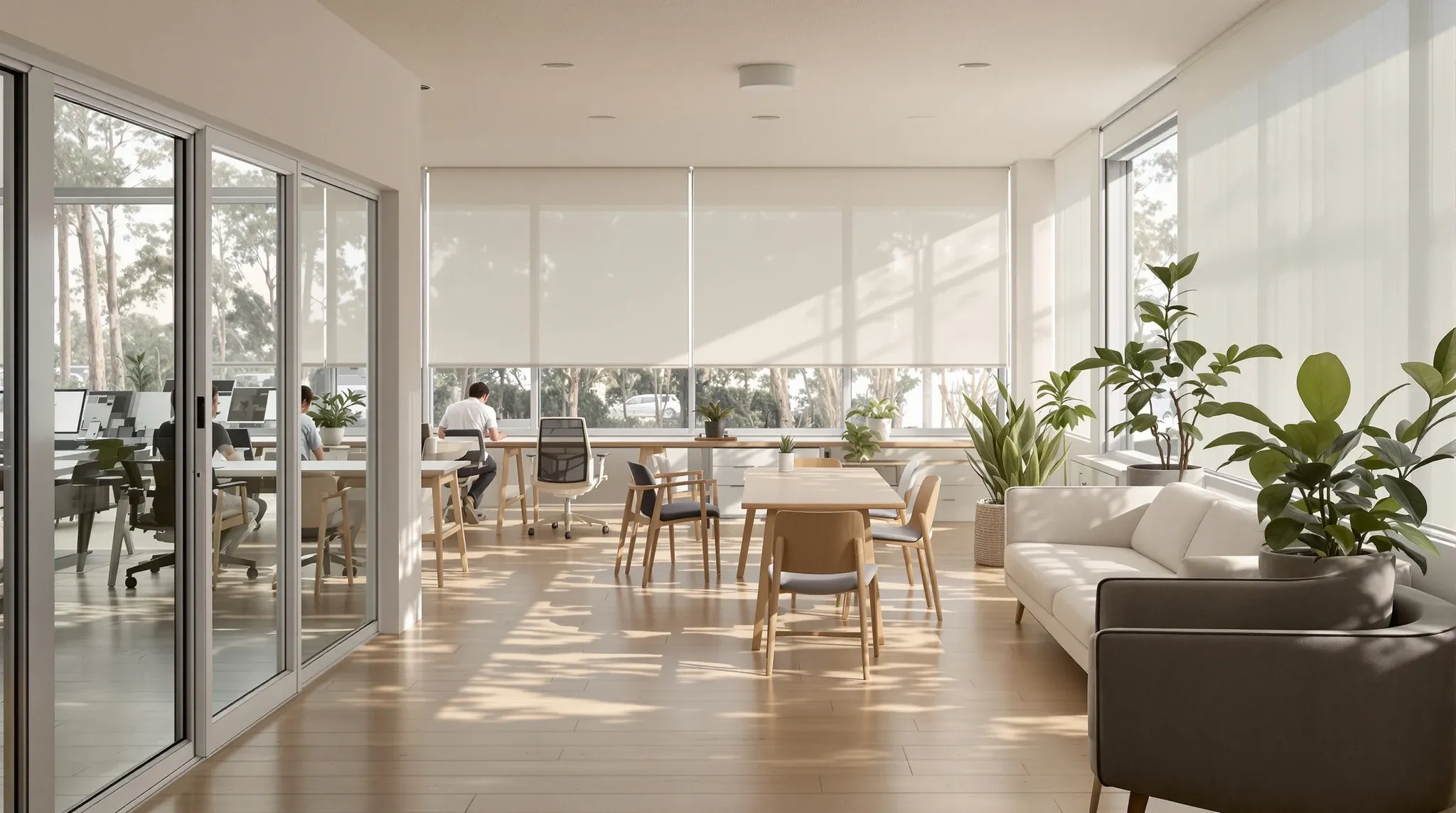 A calm small office in a low-rise coastal building, with timber floors, plants and sheer blinds