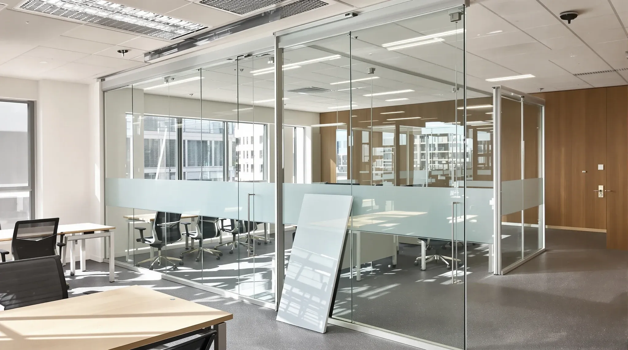 A newly installed glass office partition wall dividing a finished open-plan floor