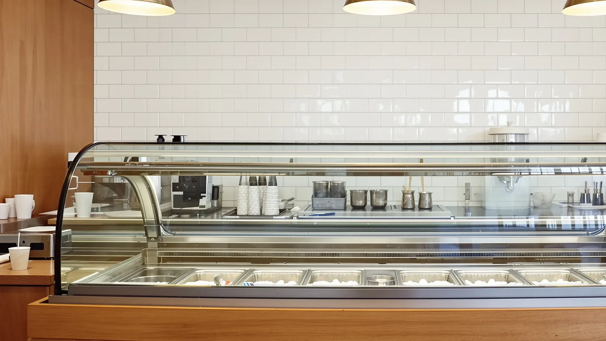 Gelato counter with a curved glass display cabinet of steel pans set into a timber counter, white tiles behind