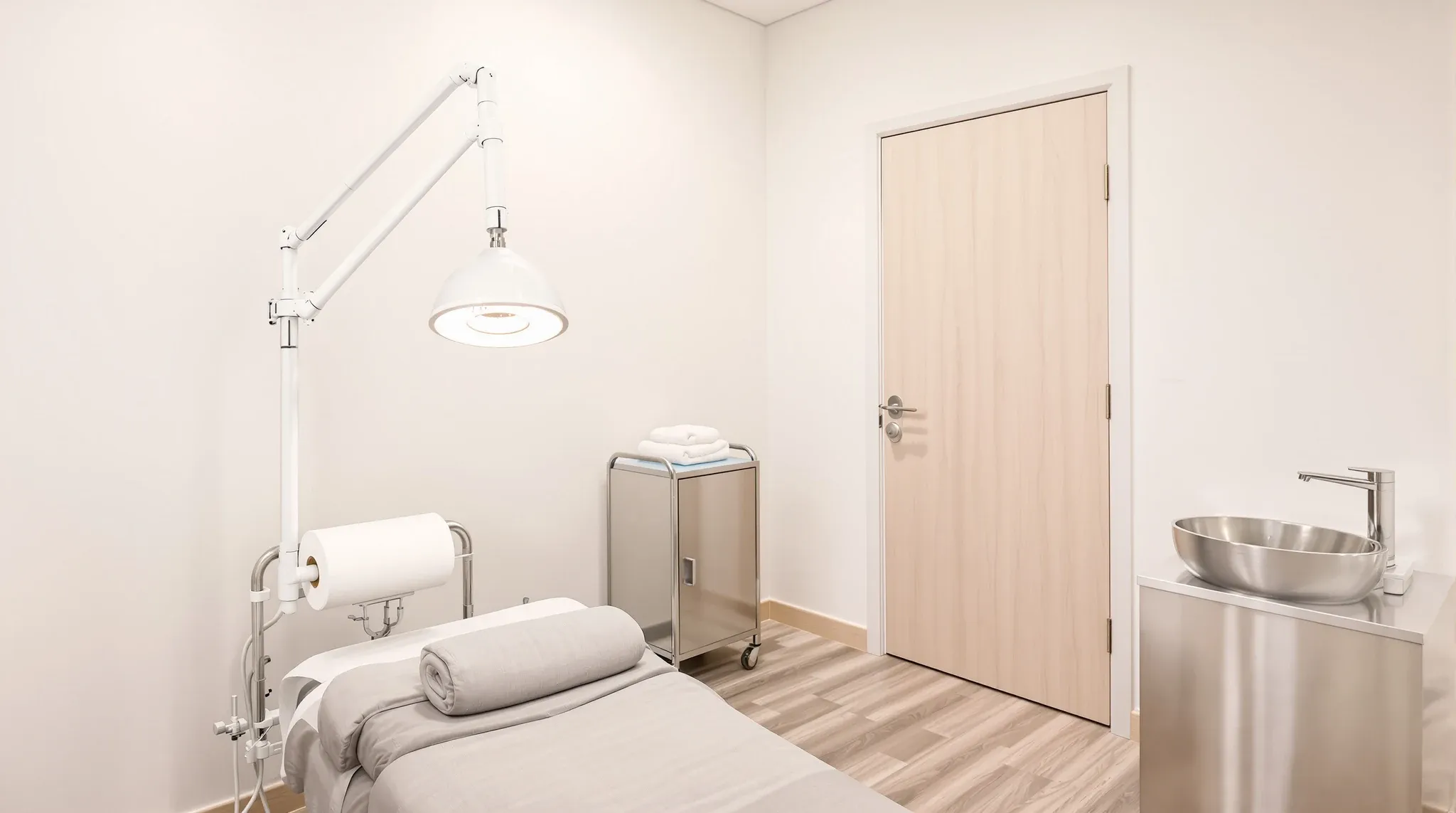 Empty aesthetic clinic treatment room with treatment bed, examination light, hand basin and matt walls