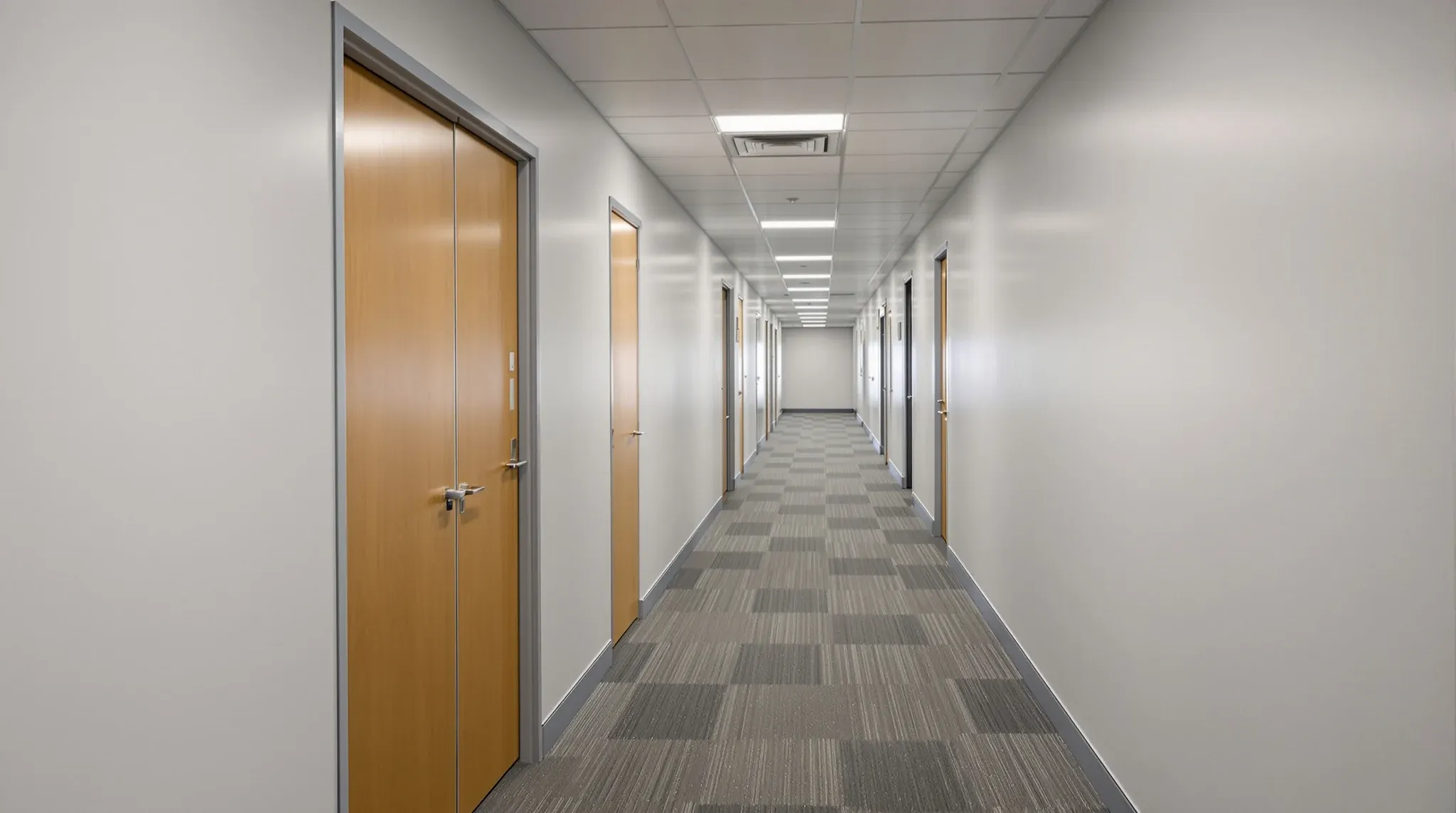 A corridor of finished plasterboard offices with evenly spaced painted doors