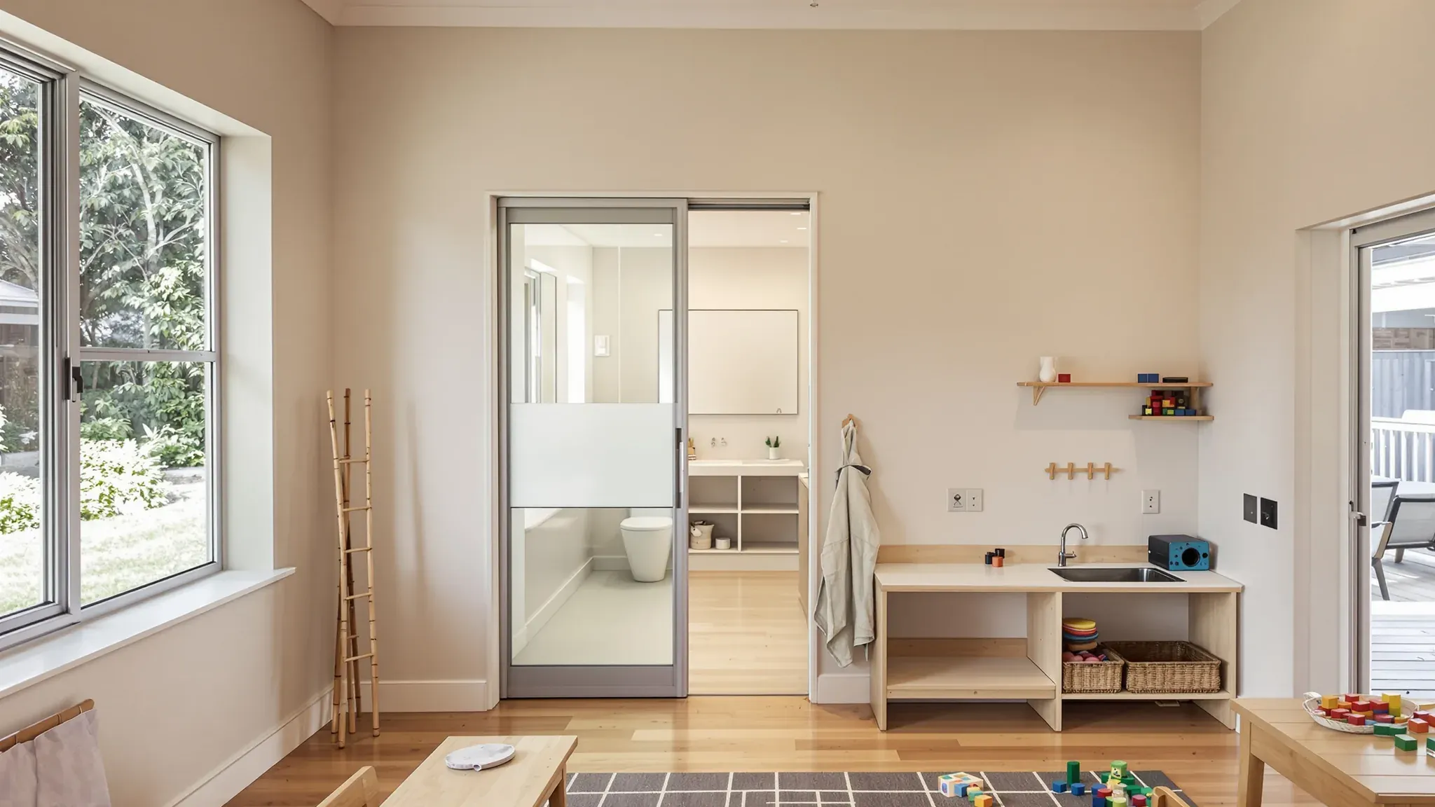 Preschool playroom with a child-height table and toys, a glazed door to the bathroom and doors to a covered deck