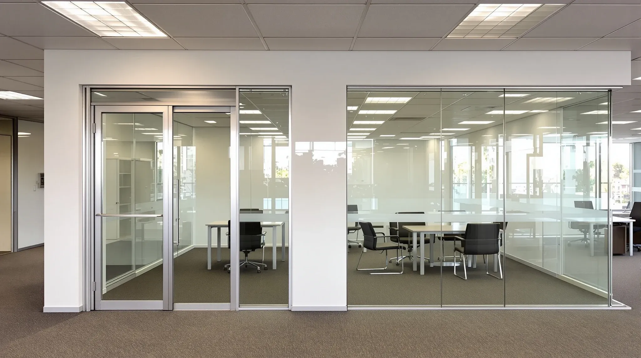 A framed glass office front under a plasterboard bulkhead beside a frameless glass wall to the ceiling