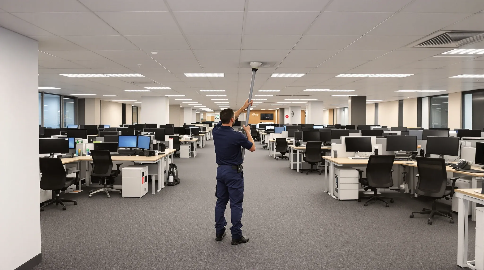 A technician seen from behind testing a ceiling smoke detector with a long pole in an office after hours