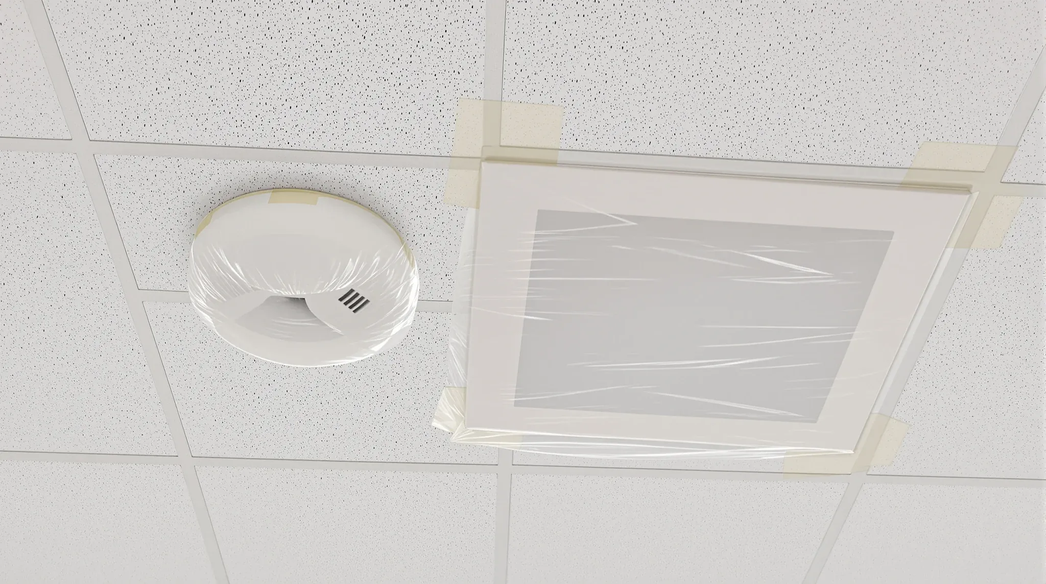 A ceiling smoke detector and air grille covered with plastic during office works to keep dust out