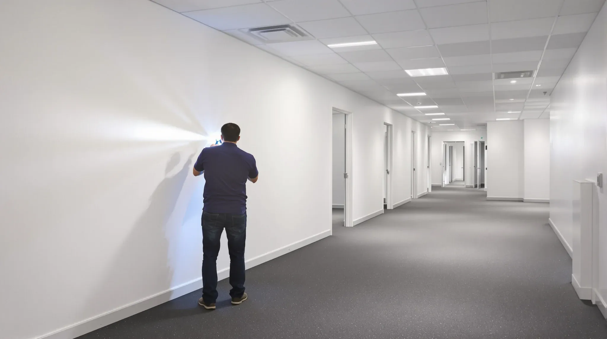 A person using a torch along a freshly painted wall during a final office inspection