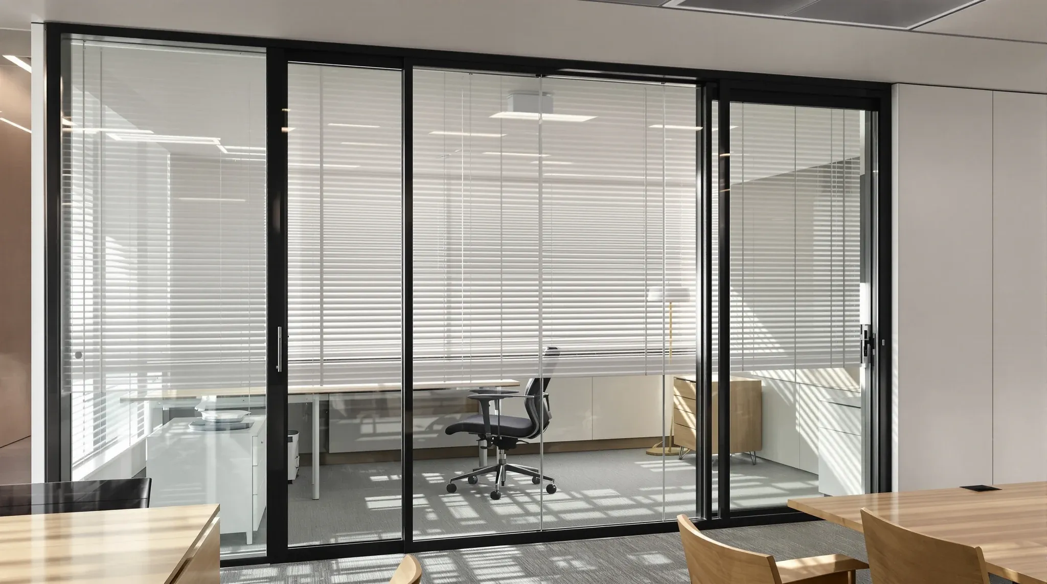 A glass private office with pale venetian blinds lowered halfway from a head box above the glass