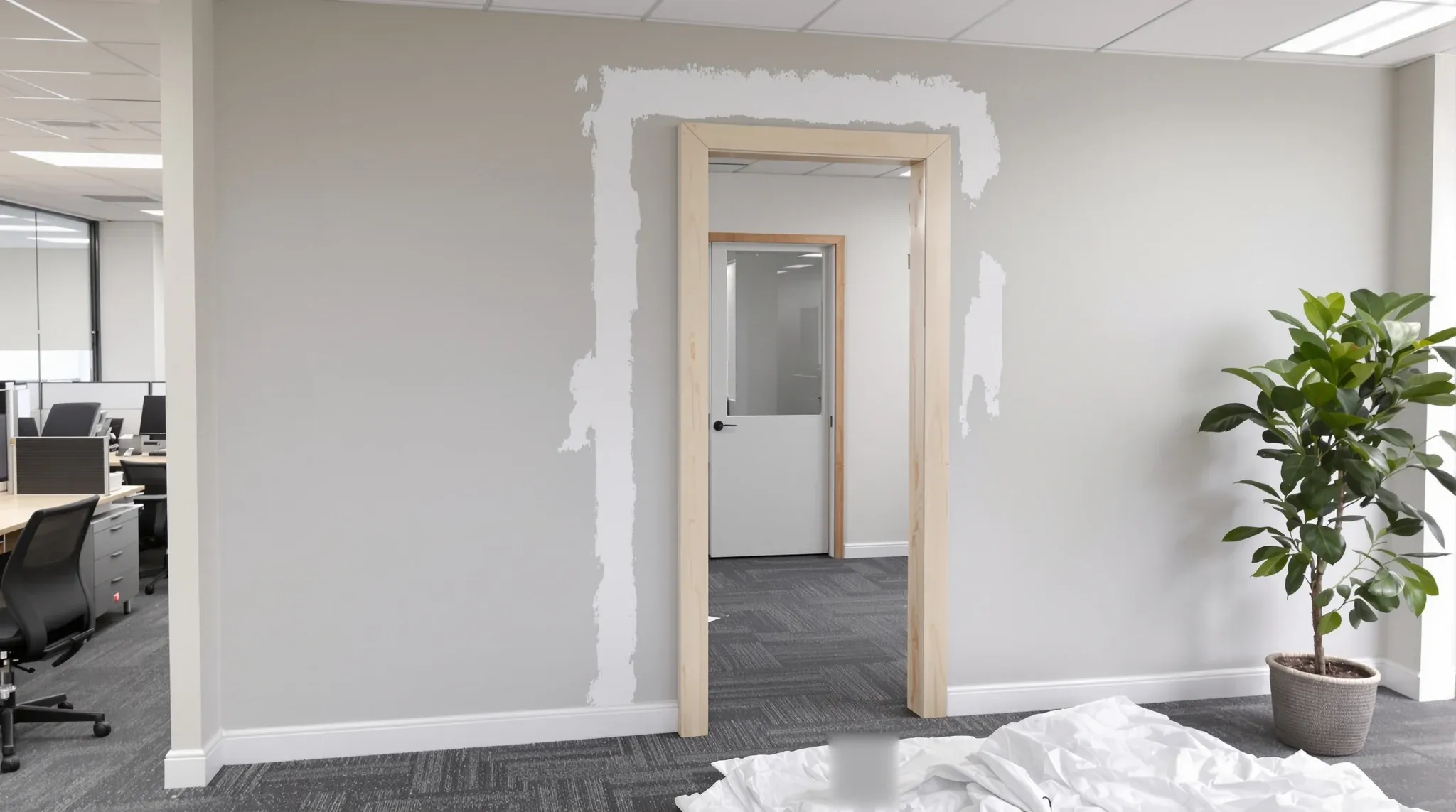 A new raw timber door frame fitted into an existing painted office wall, with a drop sheet below