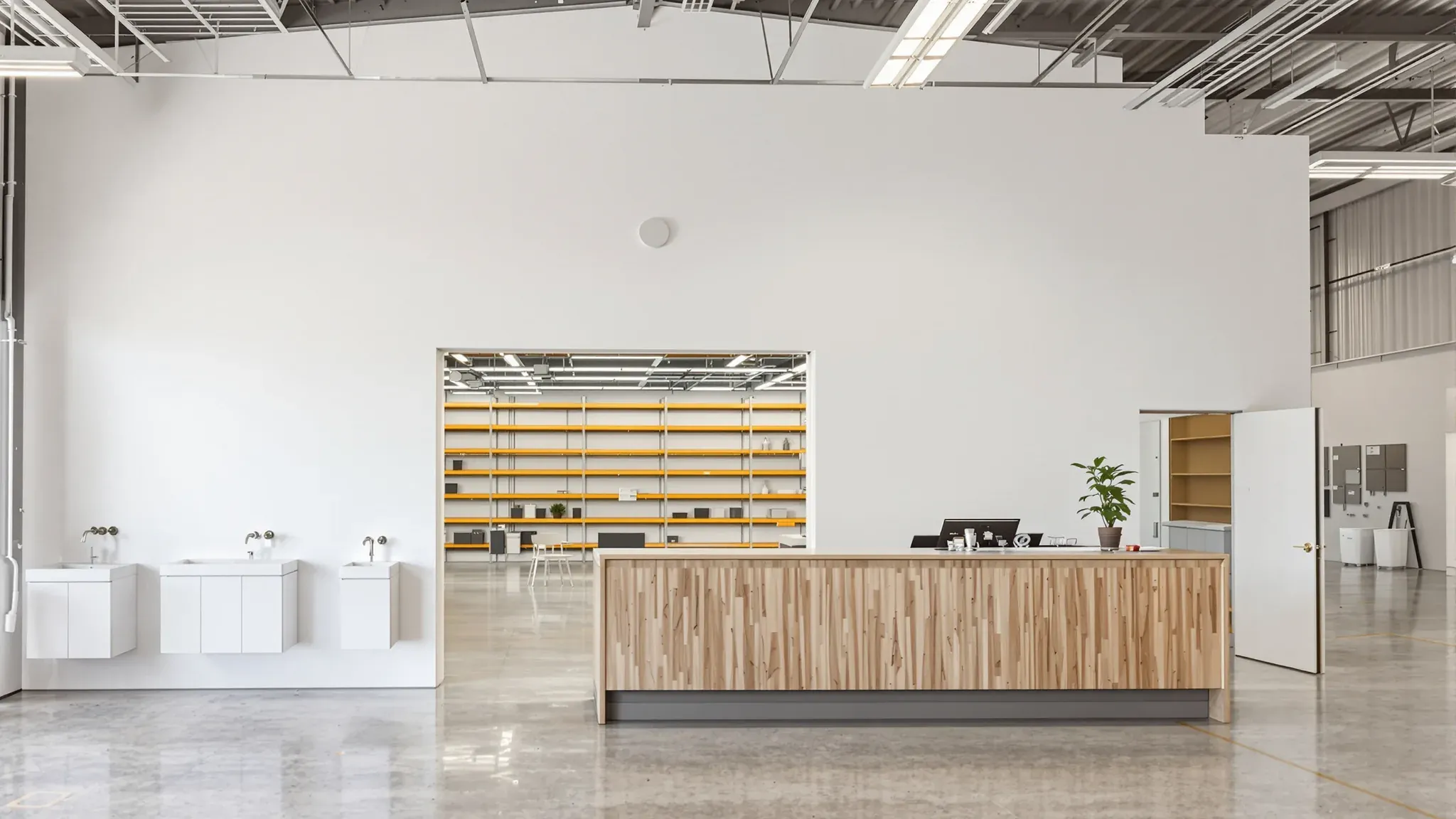 Trade counter with a timber-clad counter, display basins on the wall and a doorway into the warehouse
