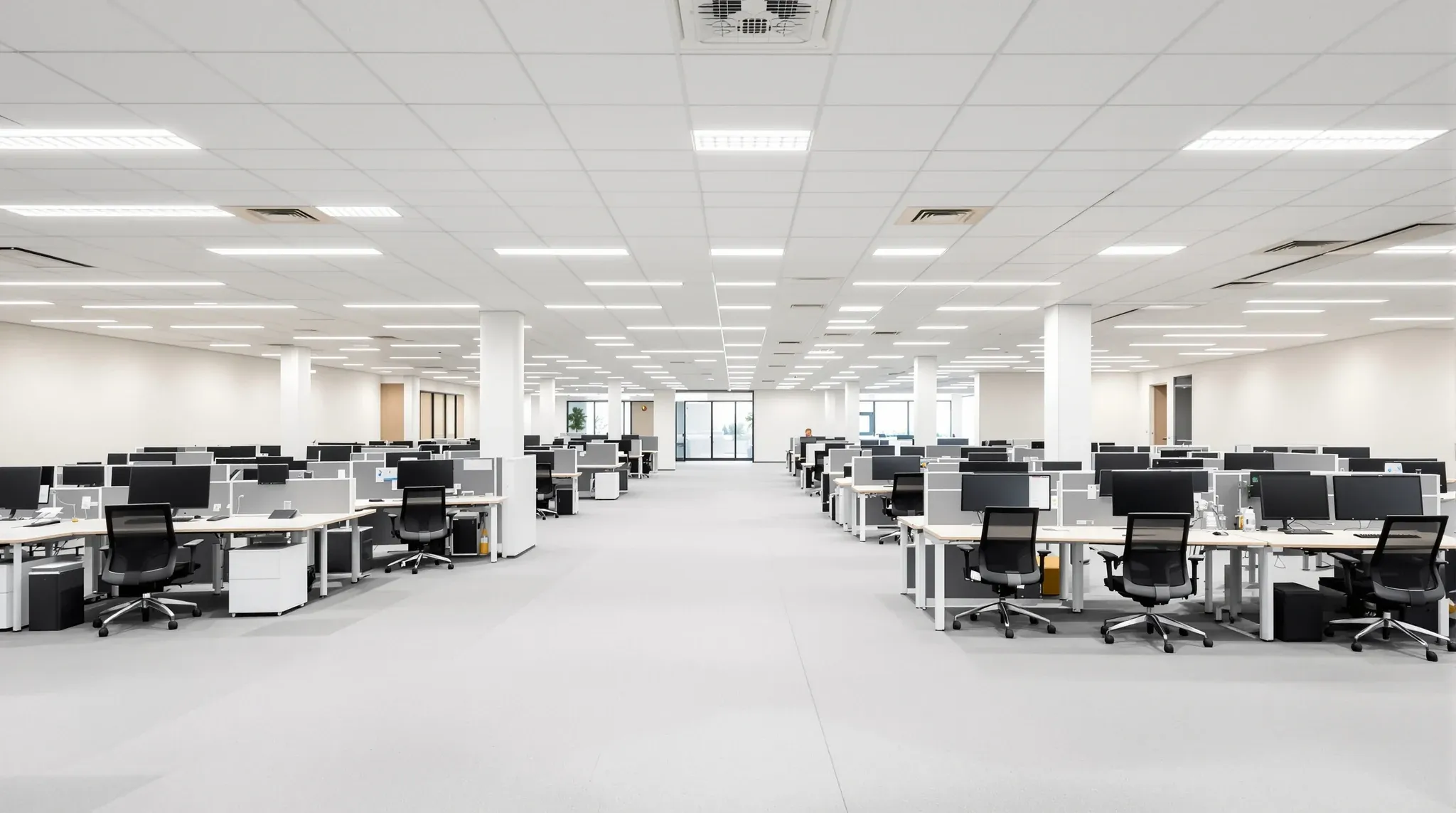 Empty open plan office floor with workstations and meeting rooms, wide angle