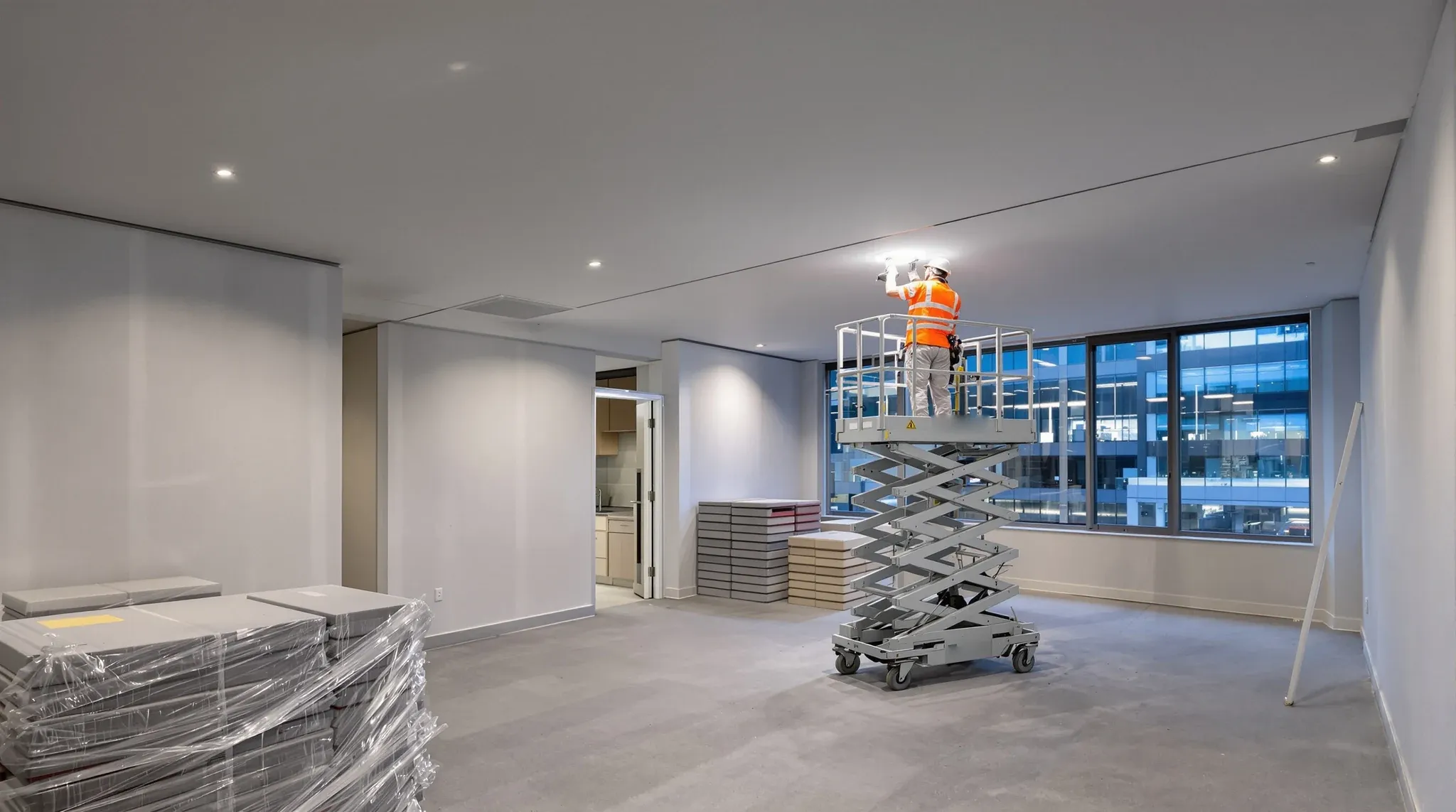 An office fitout under construction at dusk, with new walls, a finished ceiling and an electrician on a platform ladder