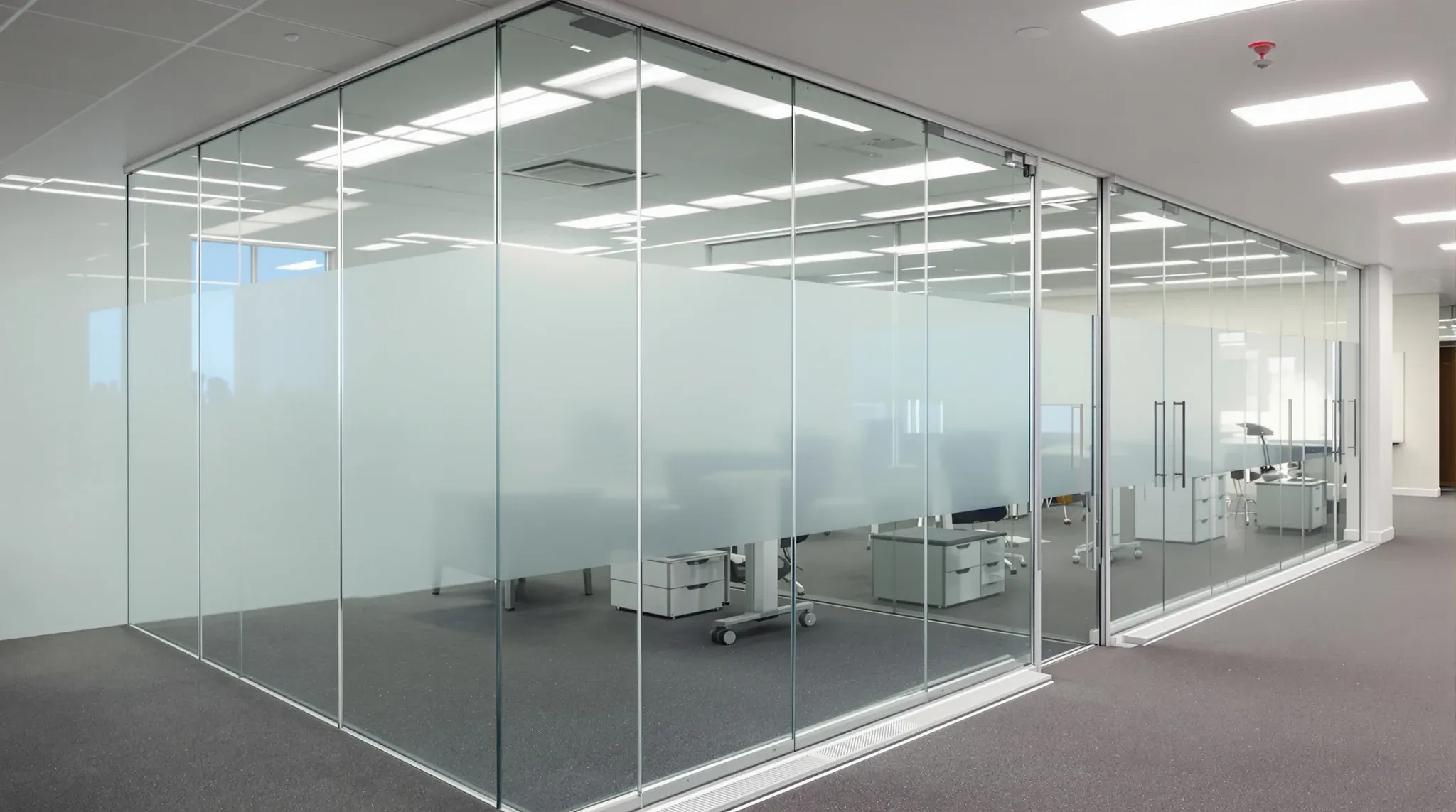Two different styles of glass office partition shown together on one office floor