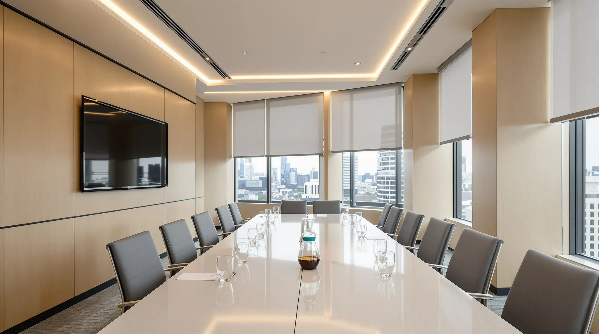 A corporate boardroom with timber-panelled walls, a long stone table and water glasses set out