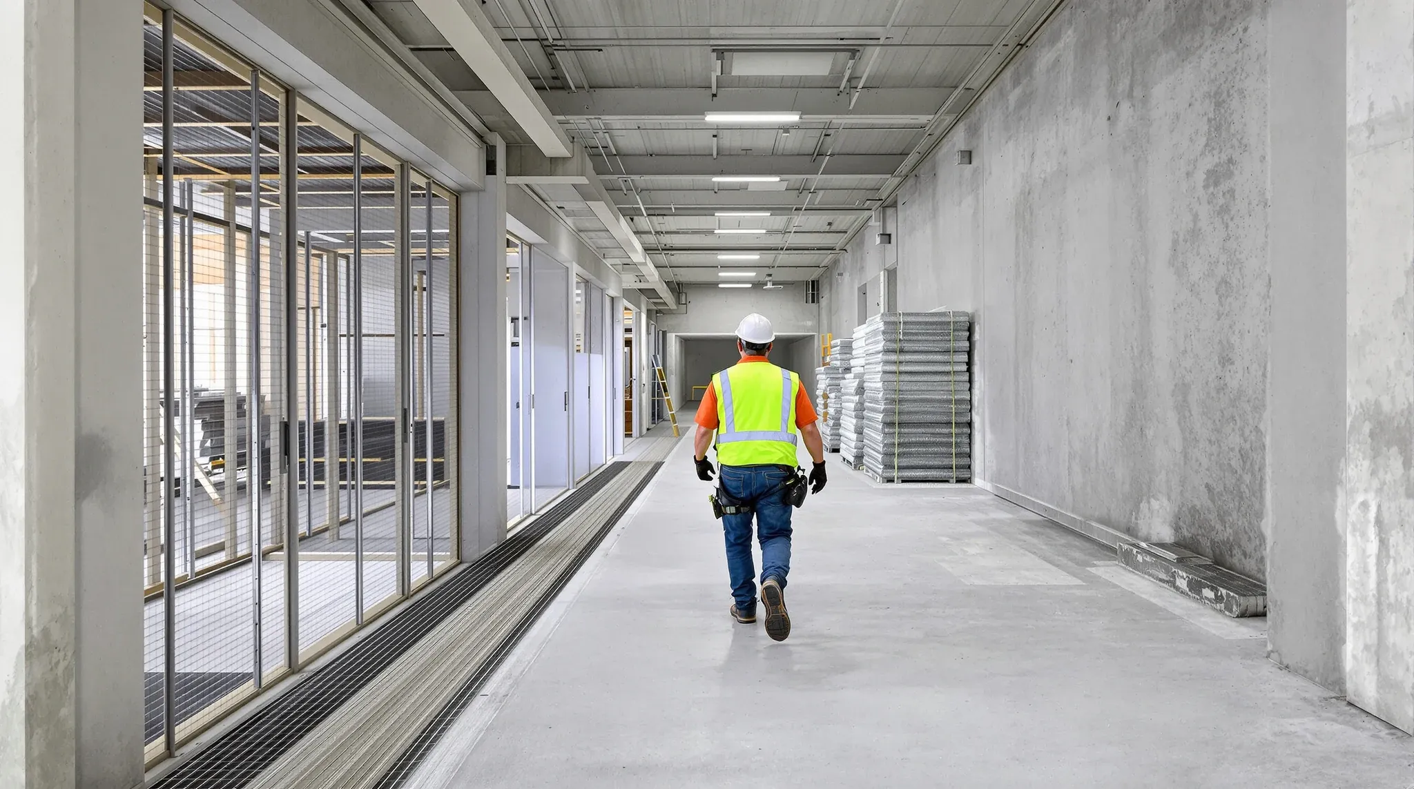 A project manager in hi-vis walking a commercial fit-out floor mid works