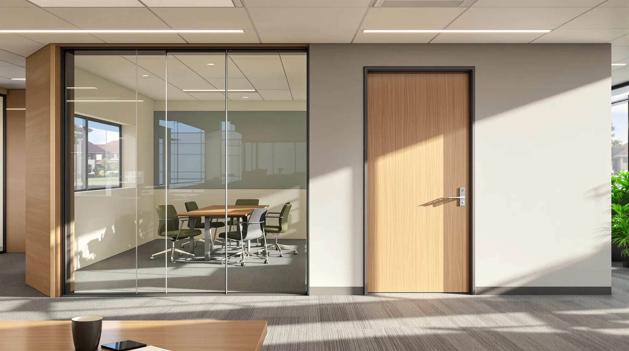 A glass-fronted meeting room beside a solid-walled office with a timber door, seen across an open office