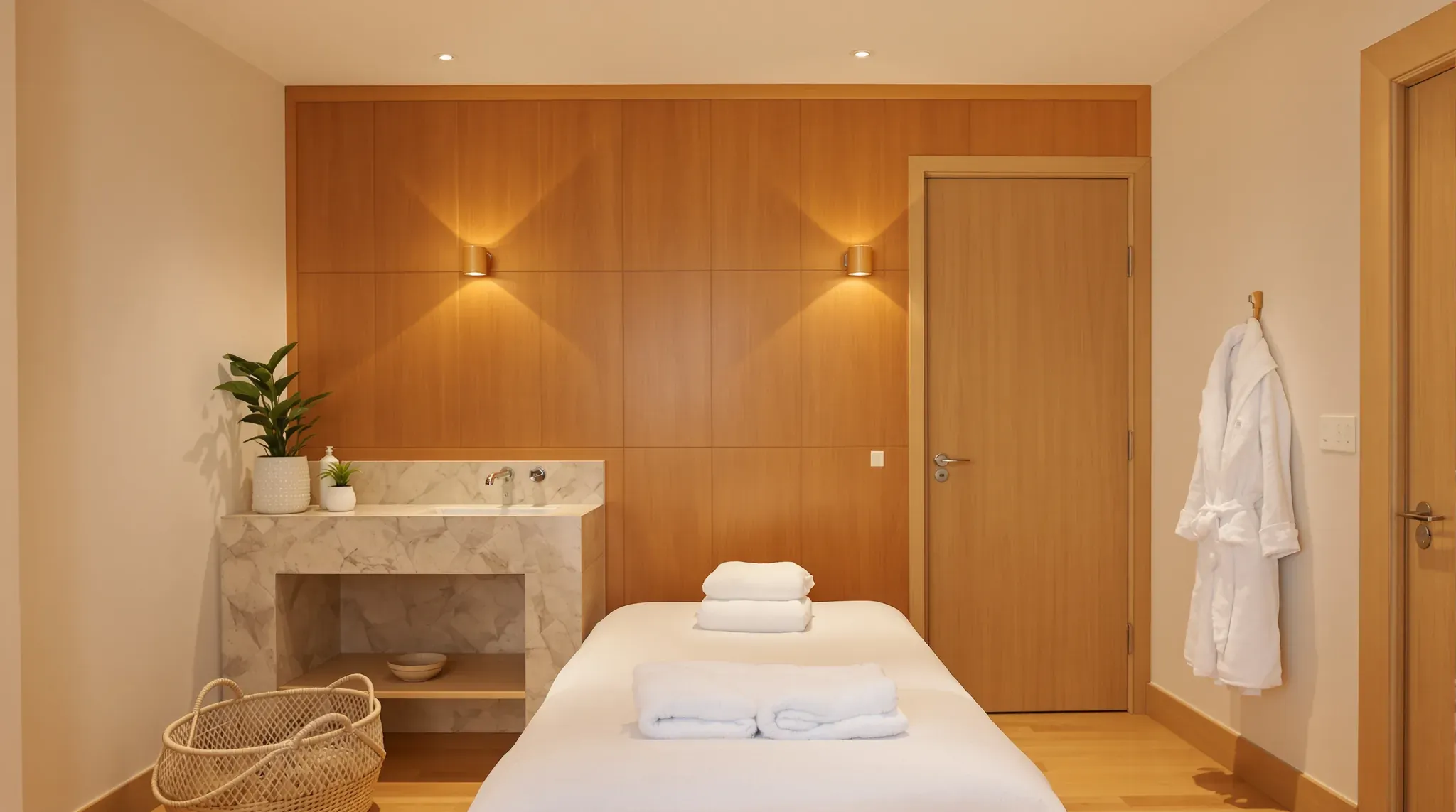 Day spa treatment room with a massage bed and towels, a timber wall with two wall lights and a stone vanity basin