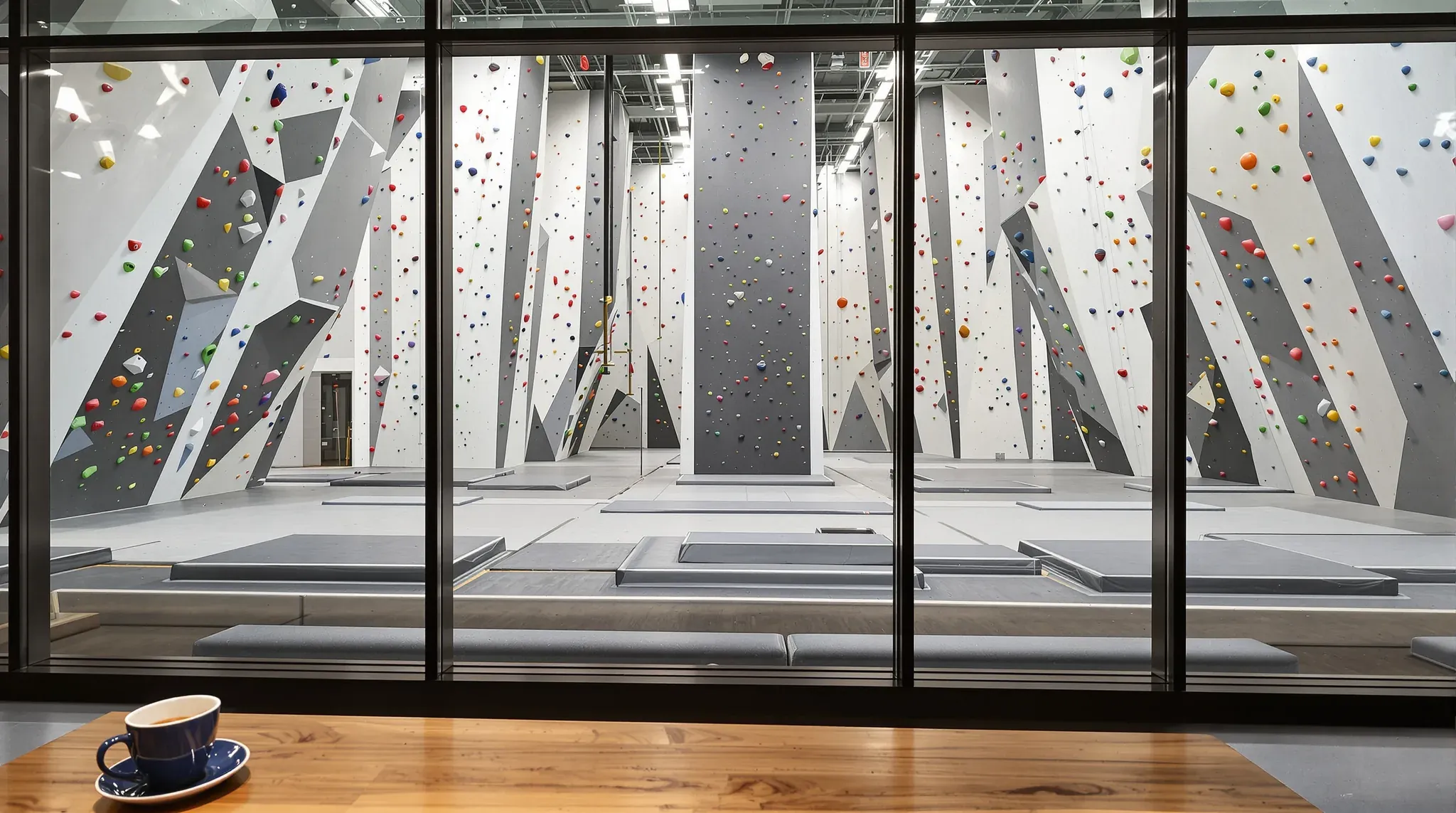 Cafe table with a coffee cup facing a glass partition into an empty bouldering hall with climbing walls and mats