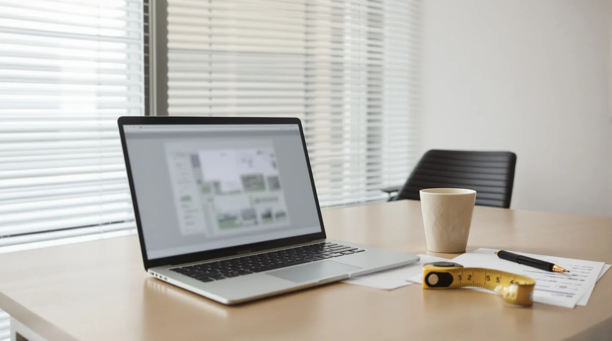 An early design meeting table with a laptop, coffee cup and tape measure