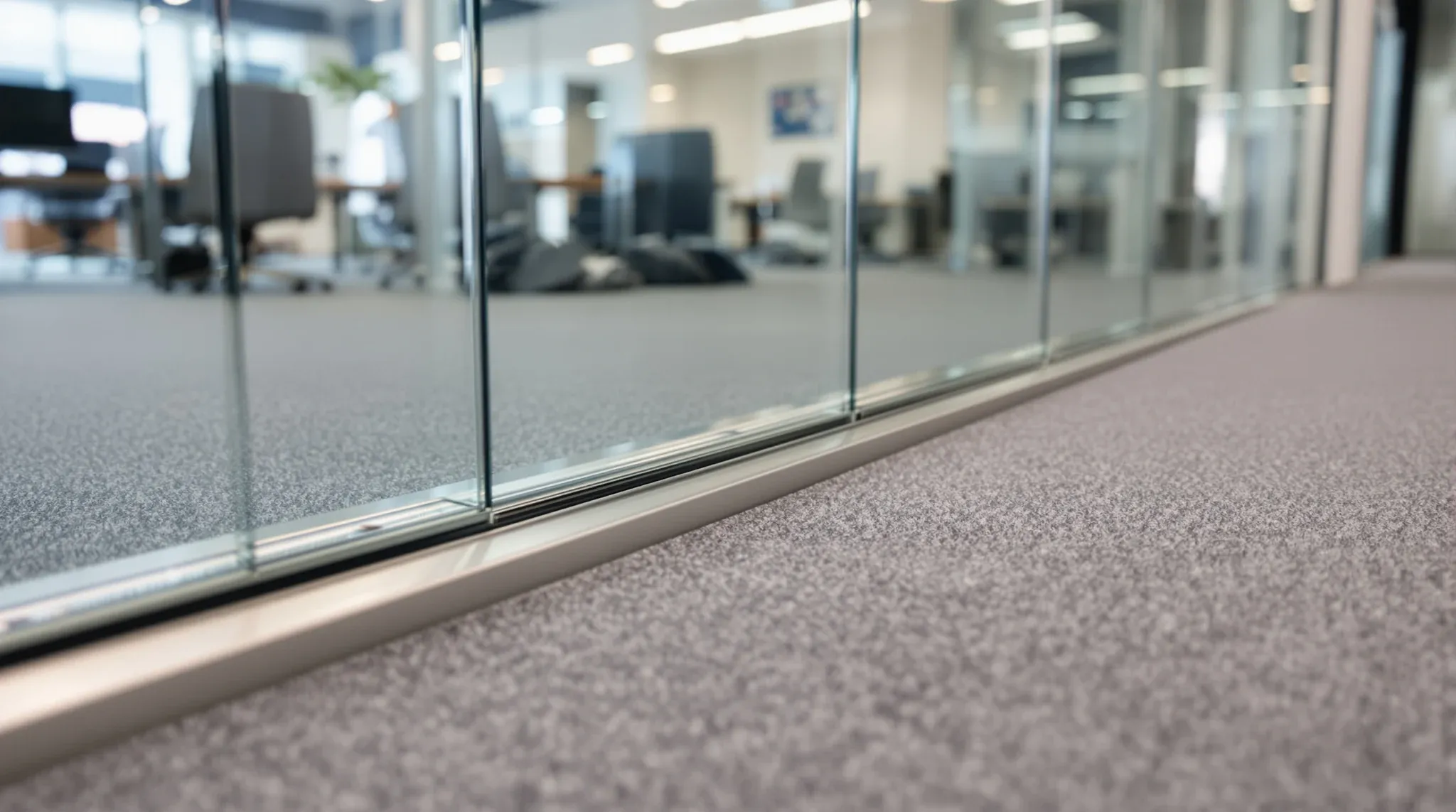 A glass partition base channel running along a carpet tiled office floor