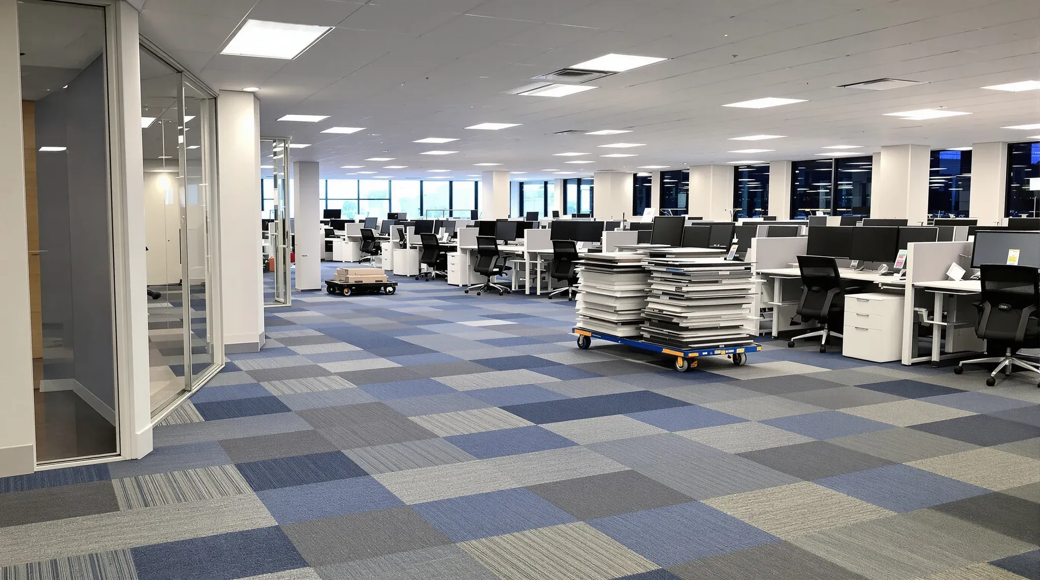 Part of an office floor cleared of workstations, with the remaining desks still in place beyond