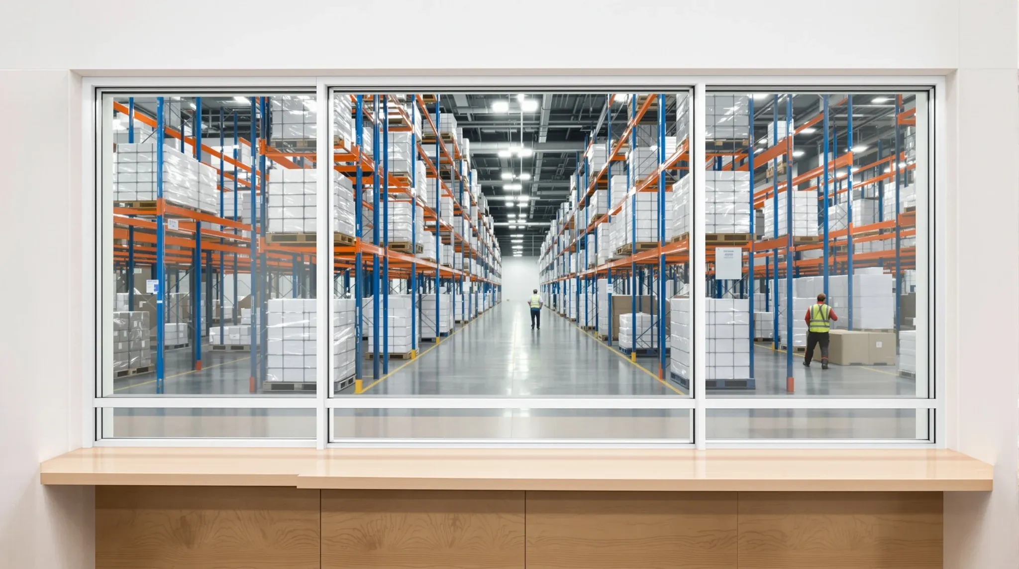 Looking from inside a warehouse manager office through its glass wall onto pallet racking