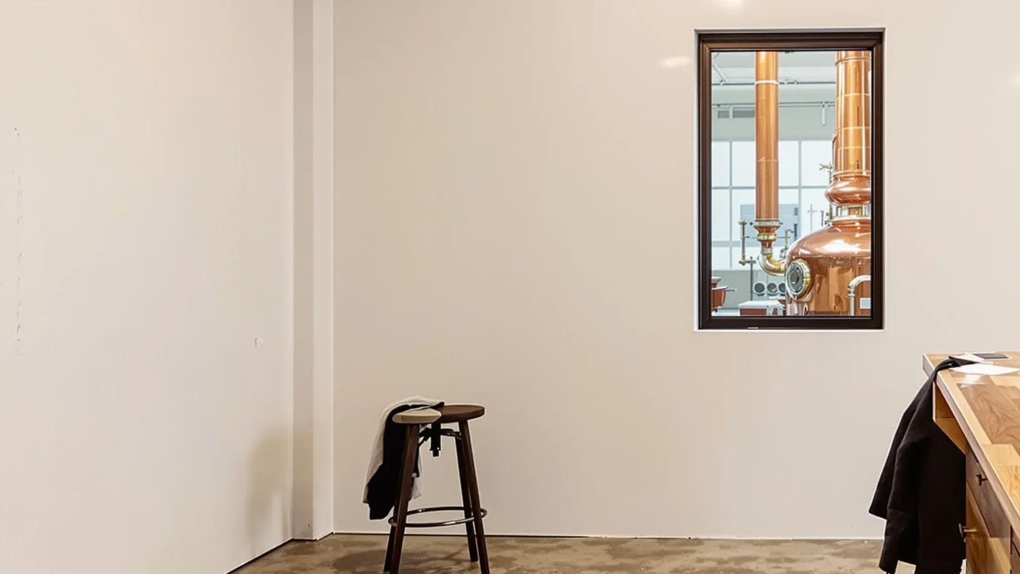 Distillery tasting room wall with a window looking onto a copper pot still, a bar stool and the end of the bar