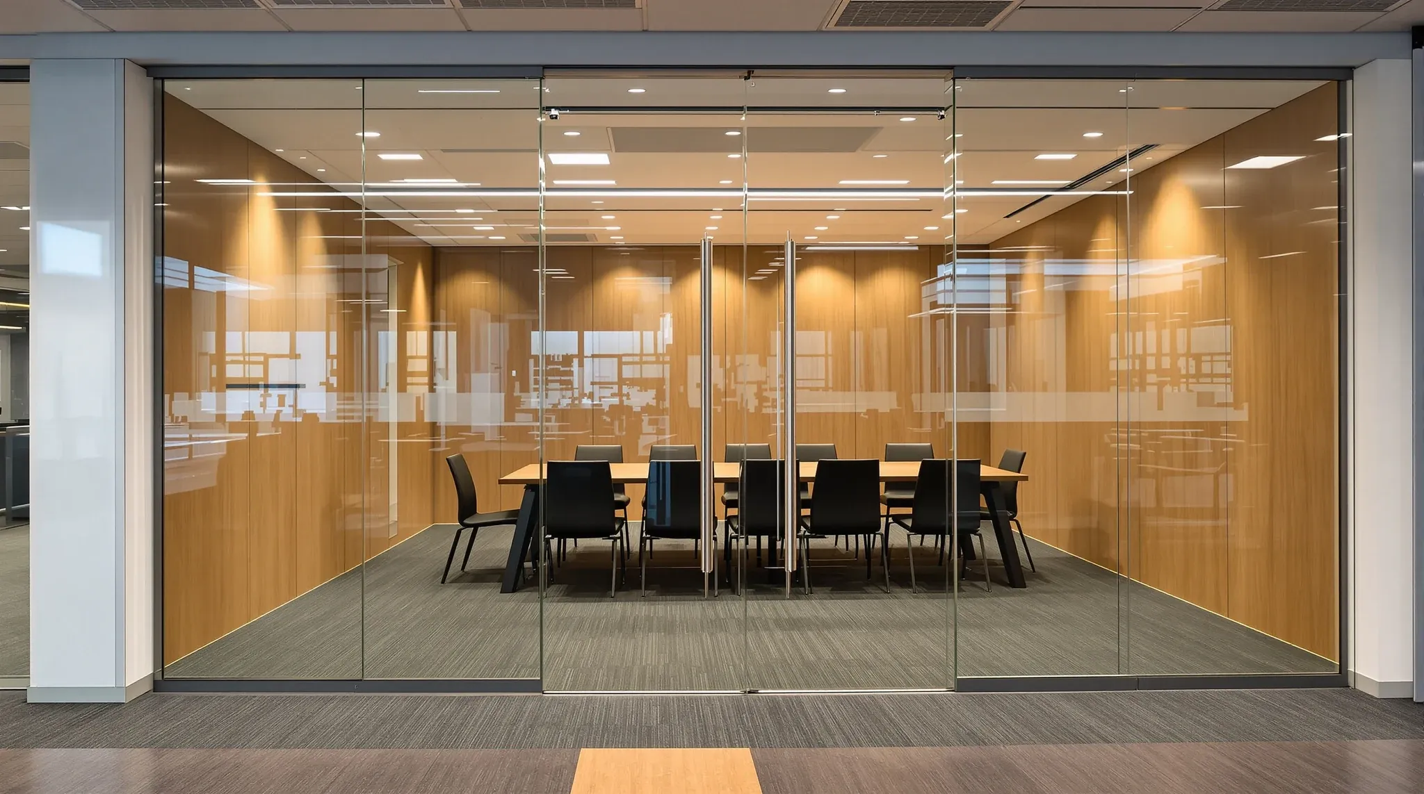 A pair of frameless glass doors into a boardroom, one standing open, seen from across an office