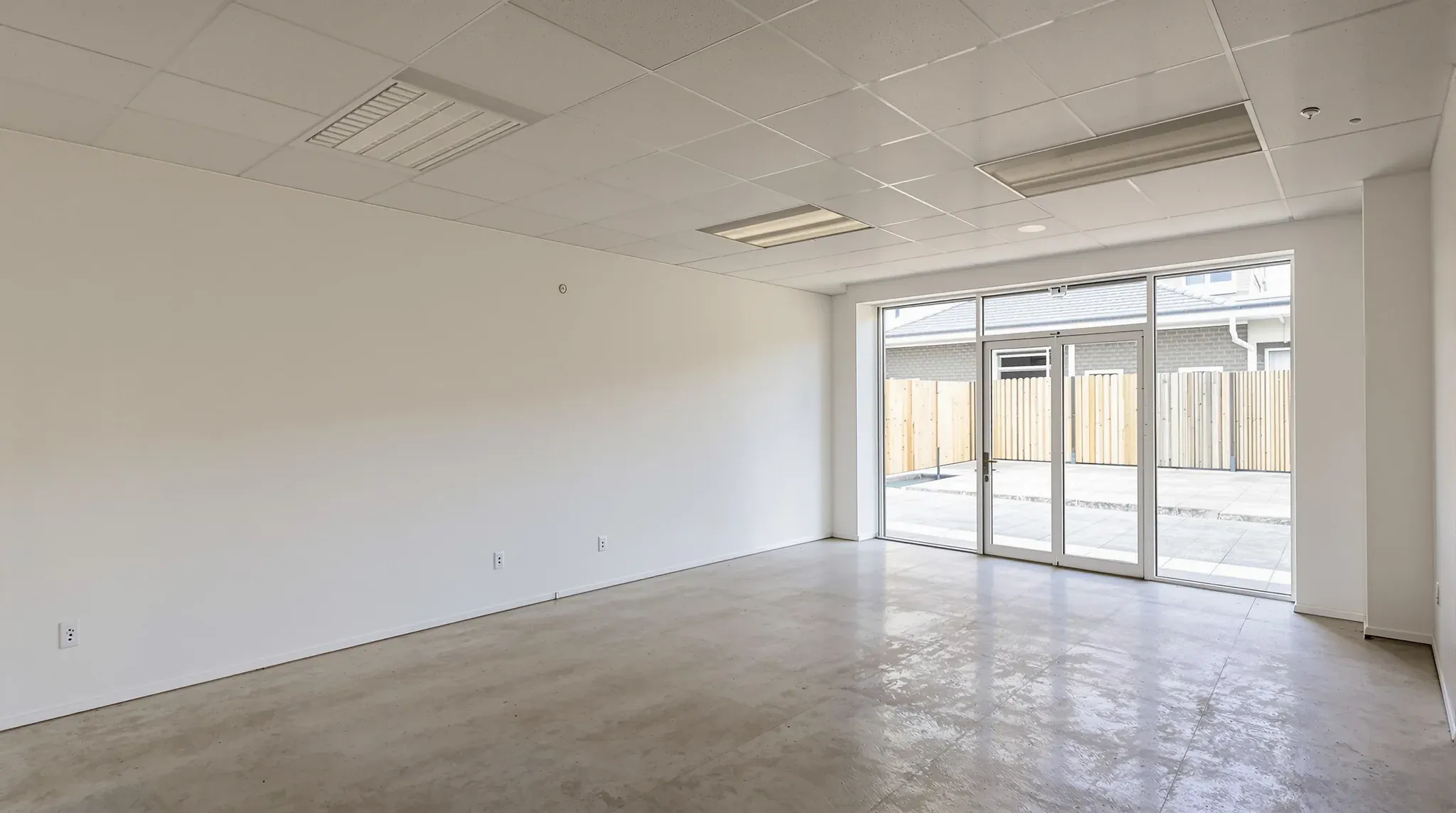 Empty former childcare room after handback, with painted walls, a bare concrete floor and doors to a paved yard