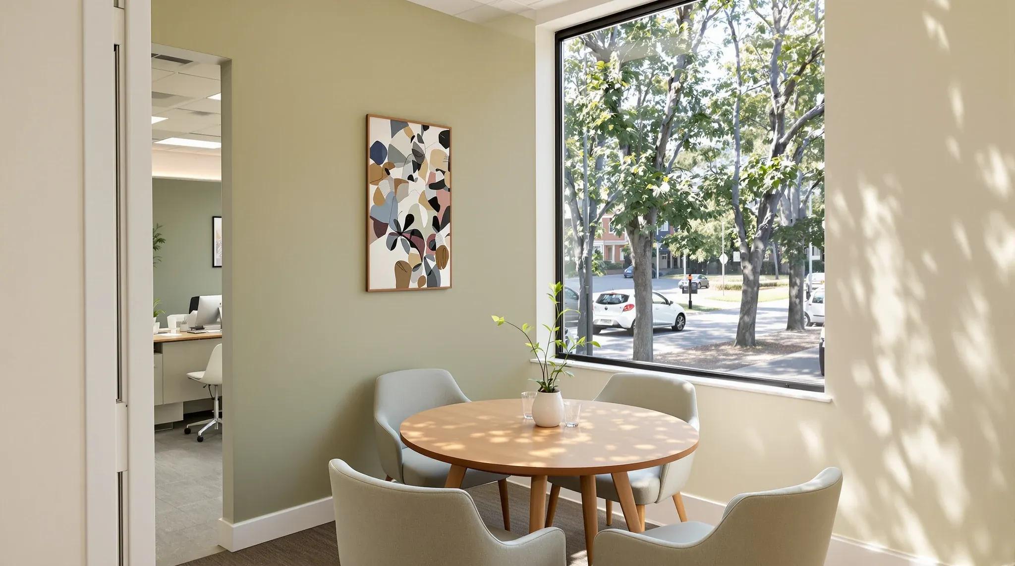A small client meeting room beside a window in a low-rise local office