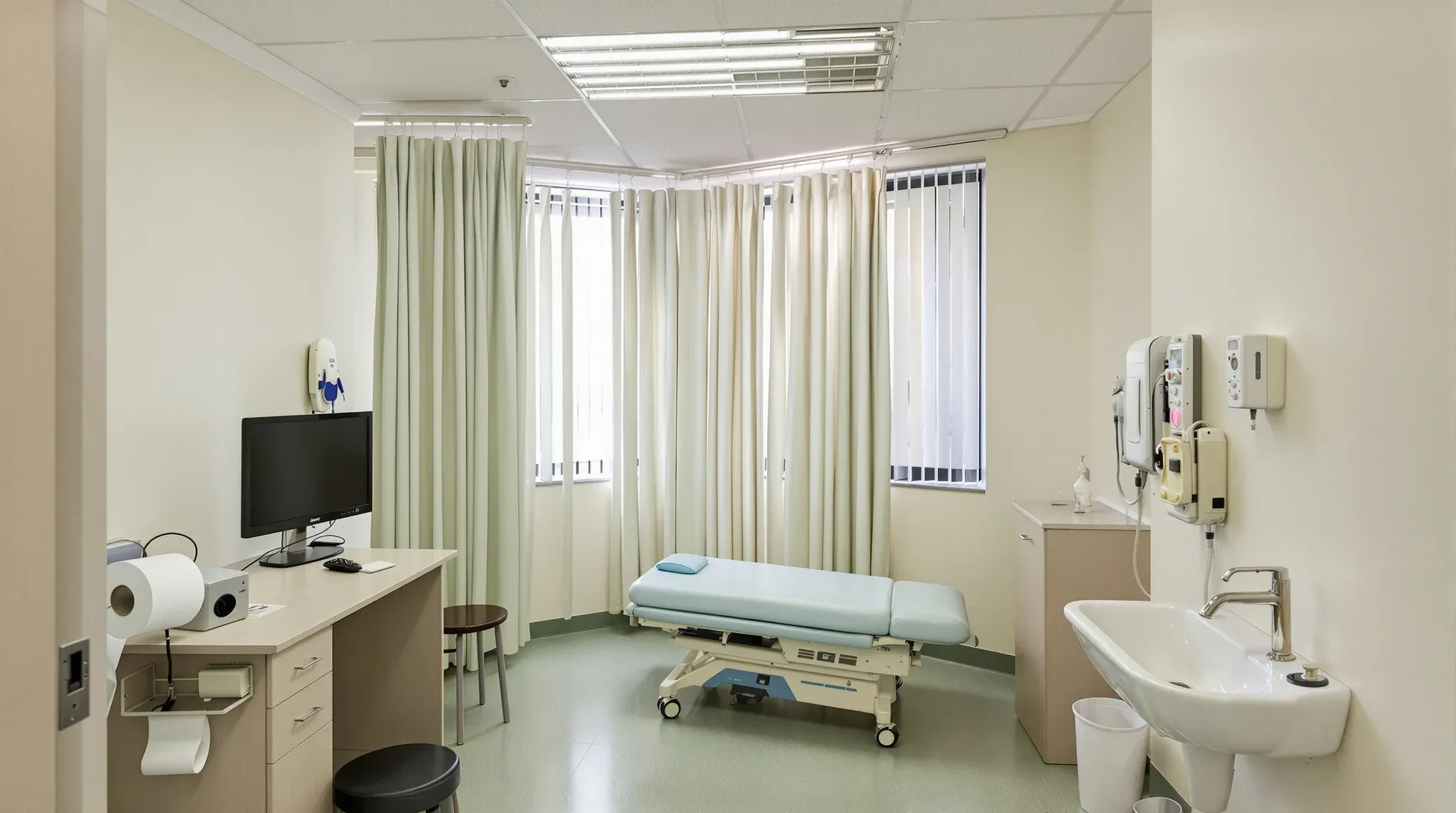 An older GP consulting room with an examination couch, a small basin and a privacy curtain
