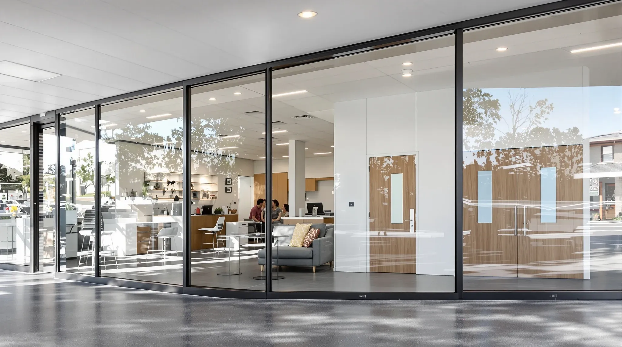A real estate agency sales floor with solid negotiation rooms at the back