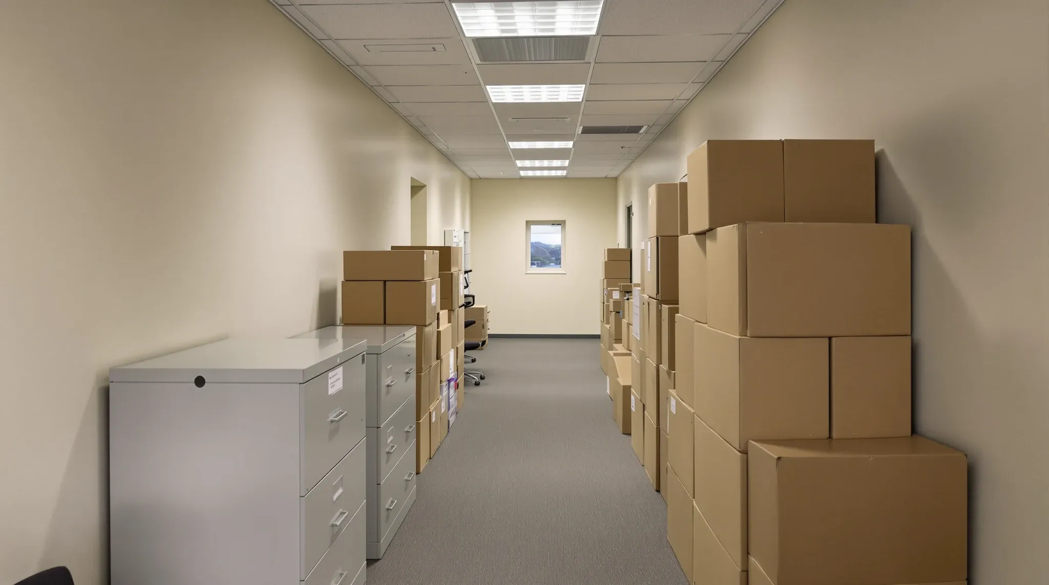 A back office corridor narrowed by filing cabinets and stacked plain boxes, ending at a window