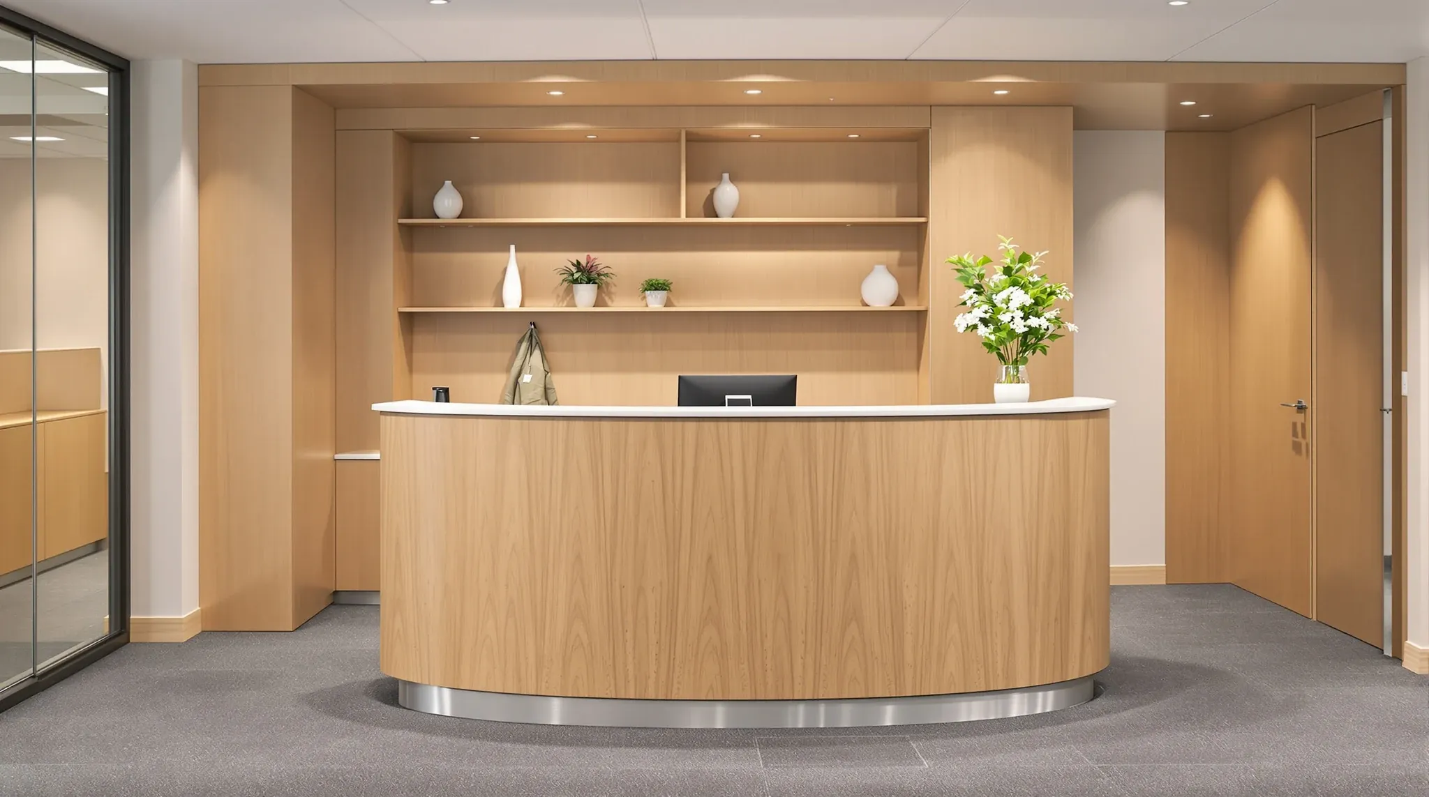 A curved oak veneer reception counter with a built-in shelving niche behind it in a professional office
