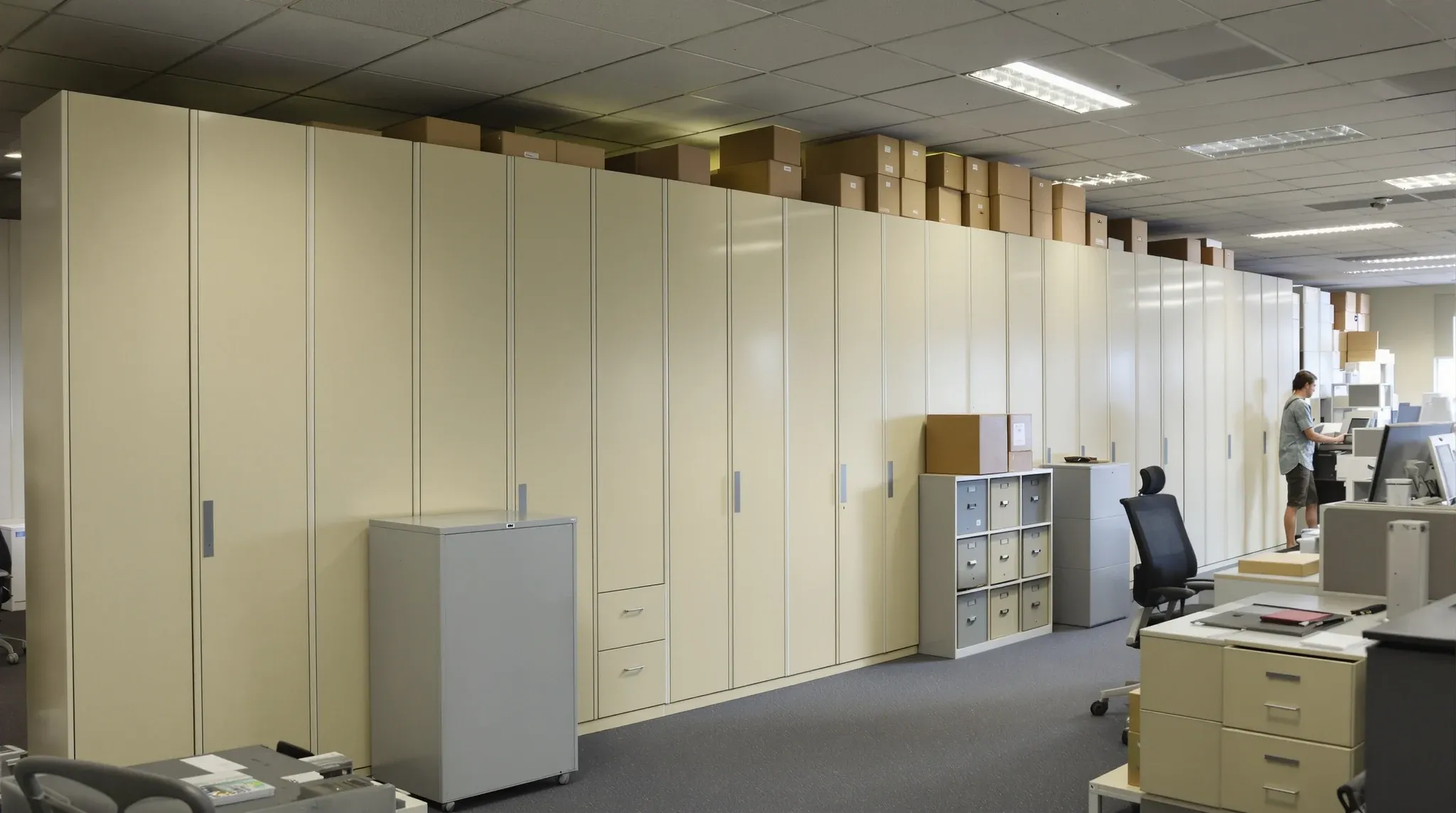 Rows of old filing cabinets taking up the window side of a busy office floor